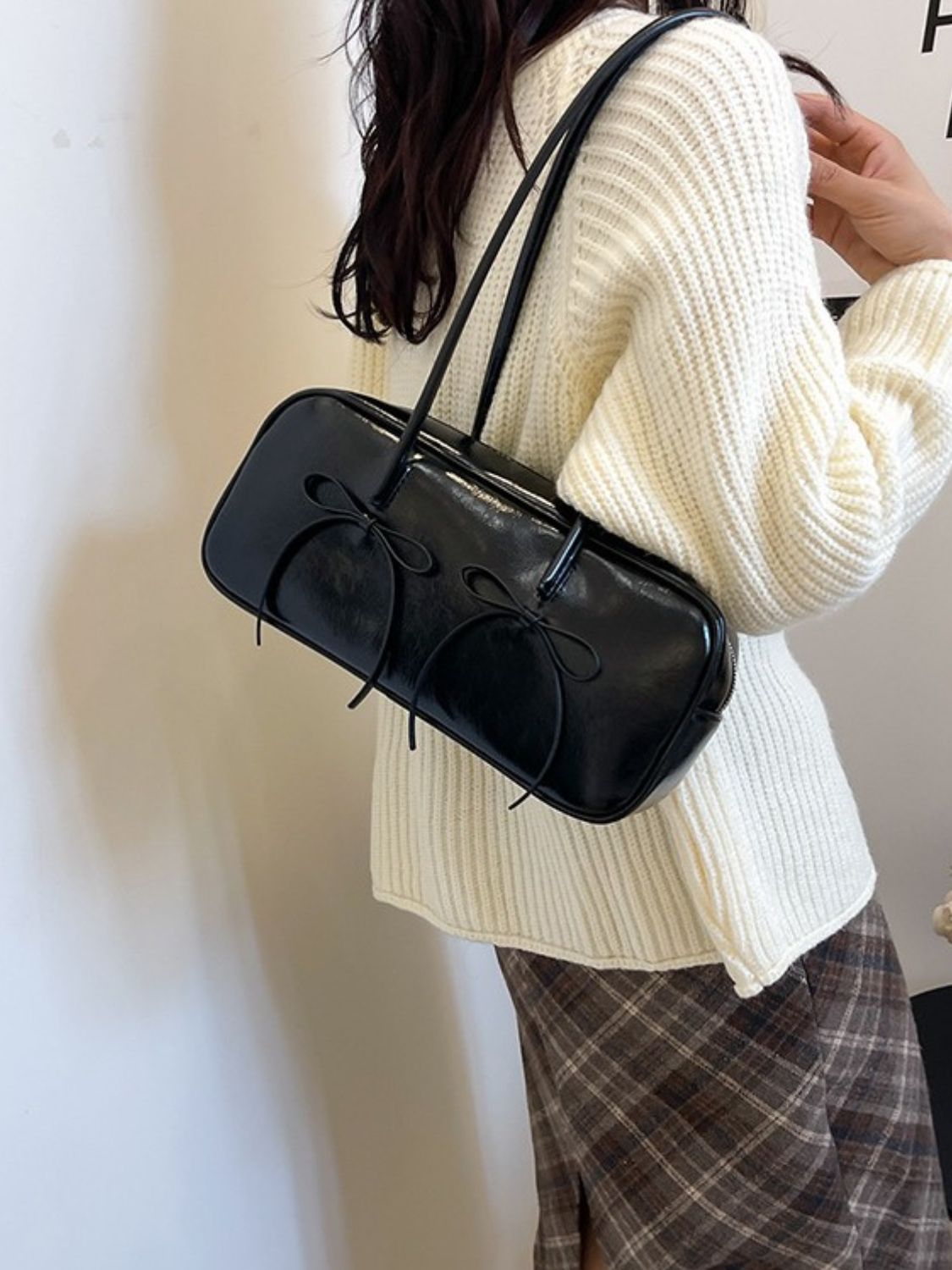 Leather Bow Trim Shoulder Bag