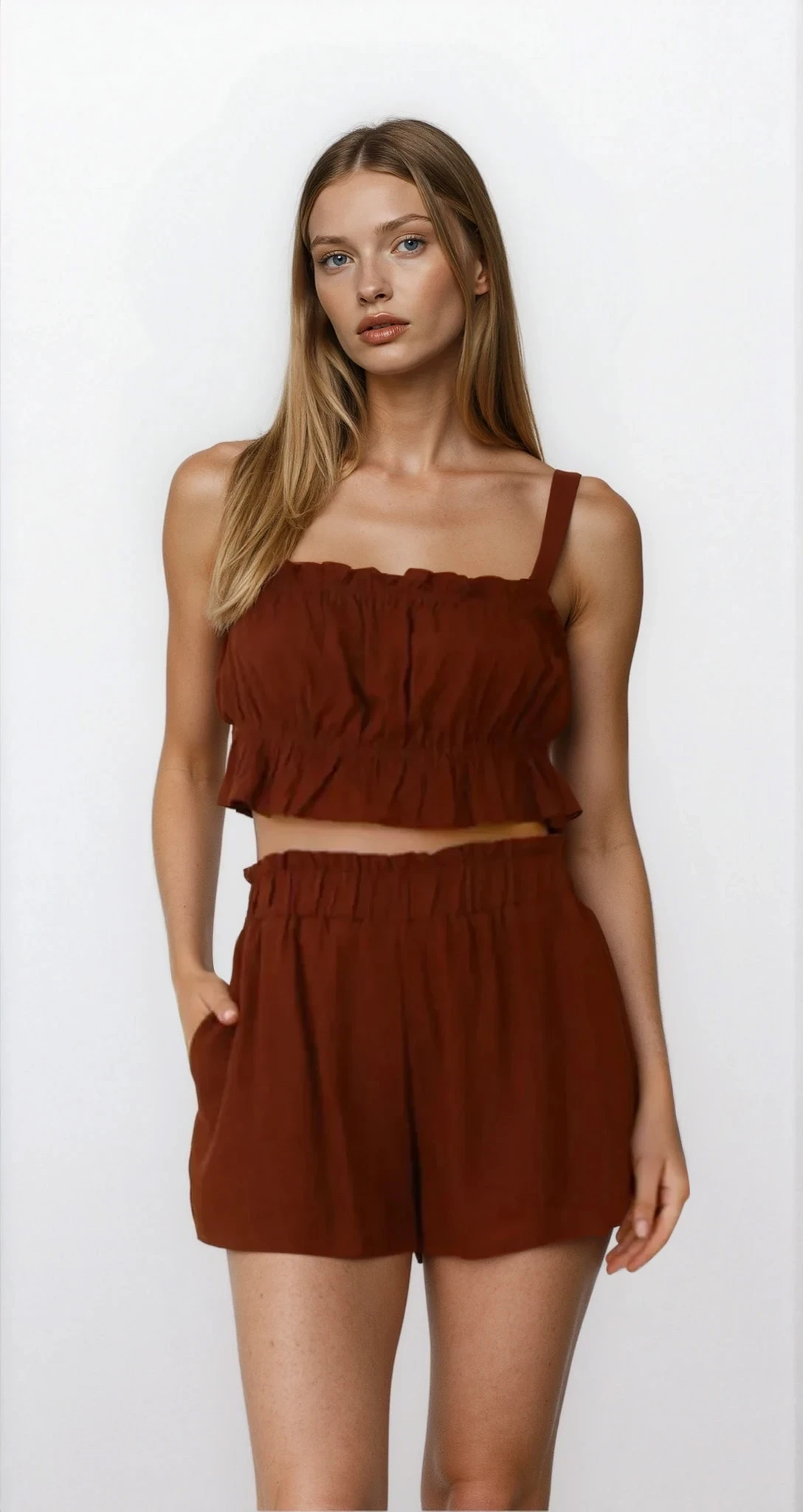 Light blue Ines Ruffle Square Neck Cami and matching shorts from Trendsi, featuring ruffle details and a square neckline.