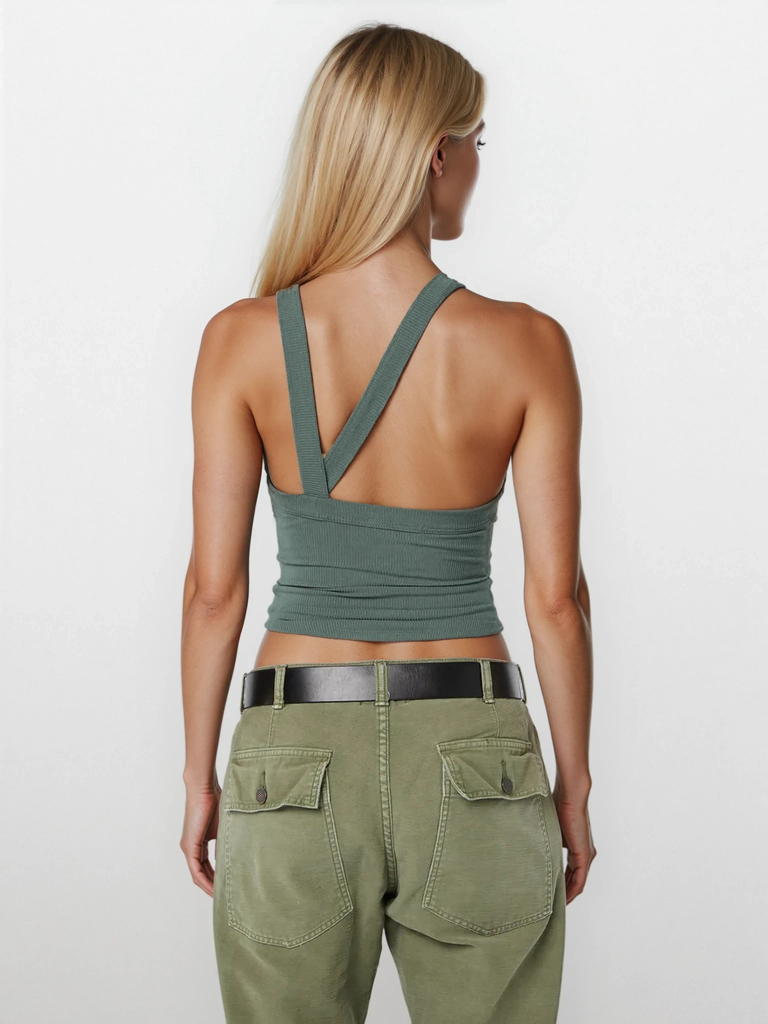 Light gray halter neck rib-knit sleeveless cropped tank top from Trendsi, worn as casual summer clothing.