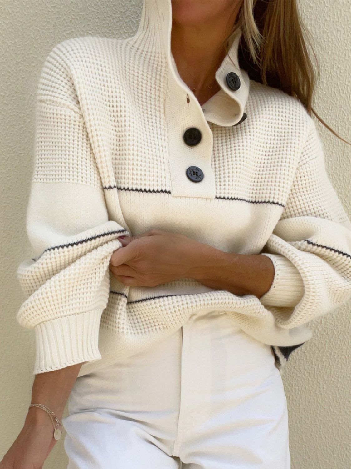 Waffle-Knit Half Button Sweater