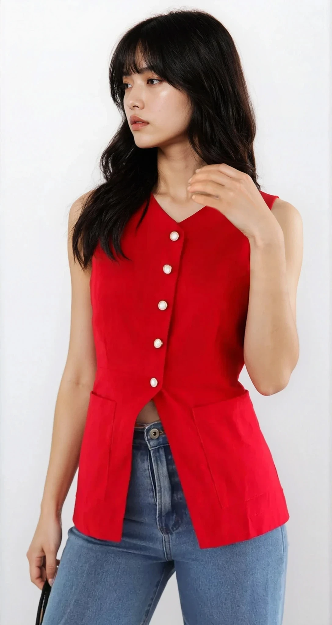 Light blue Trace Button Down V-Neck Vest from Trendsi, casual clothing with a button-front design and V-neckline.