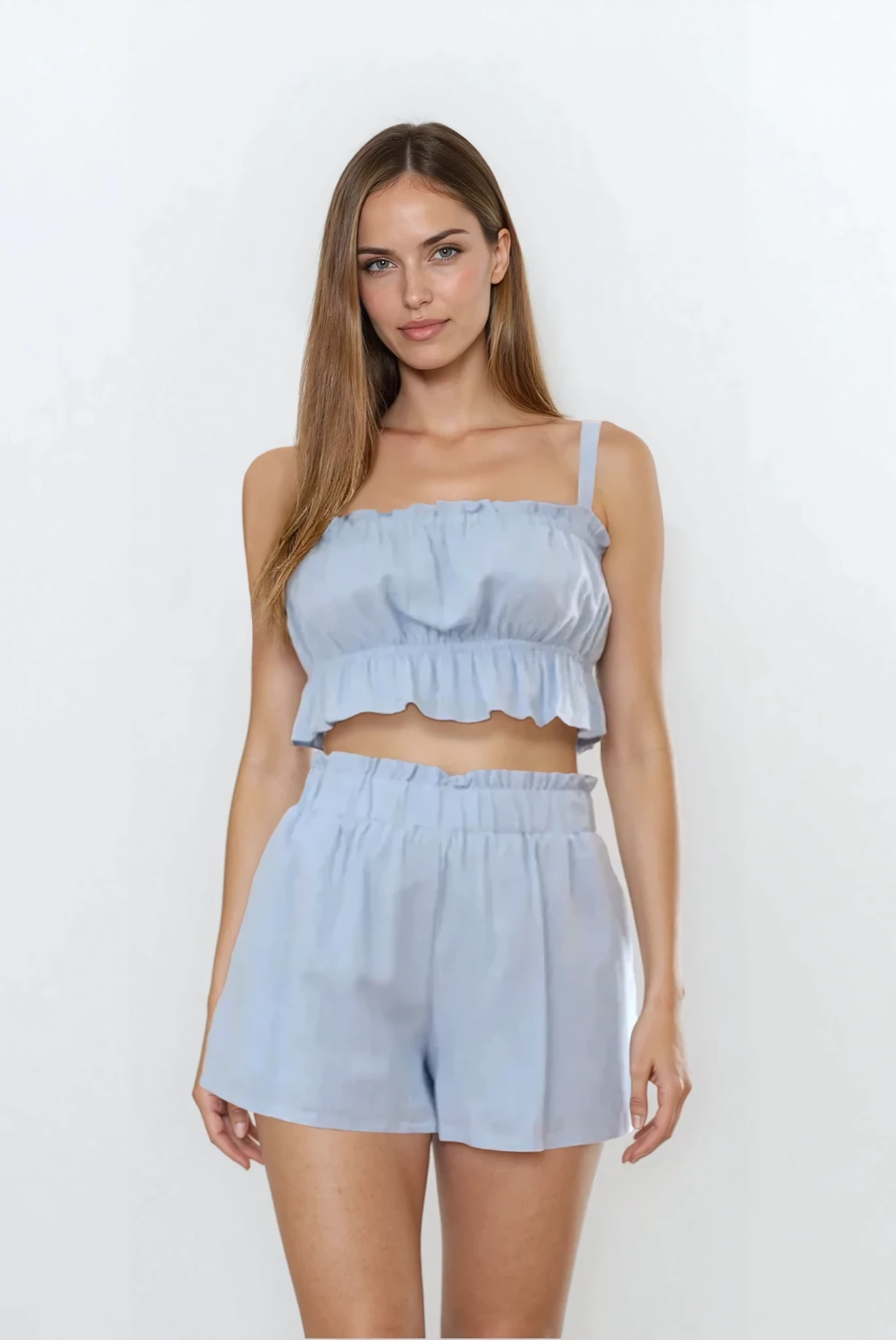 Ines Ruffle Square Neck Cami and Shorts set in light fabric, featuring ruffle details and a stylish square neckline, by Trendsi.