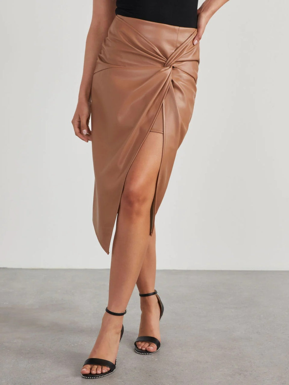 Faux Leather Twisted Slit High-Waist Skirt