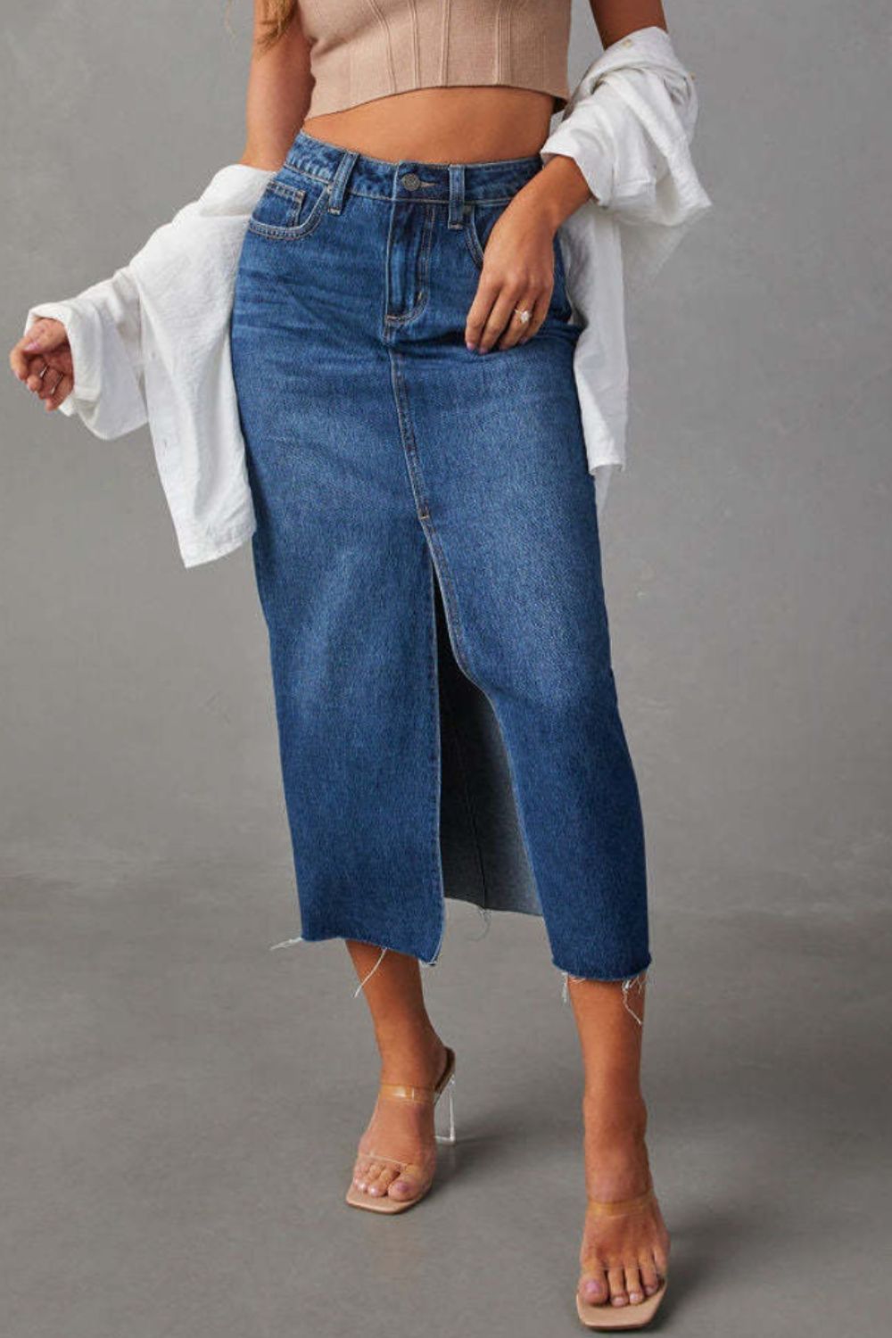 Slit Raw Hem Denim Midi Skirt