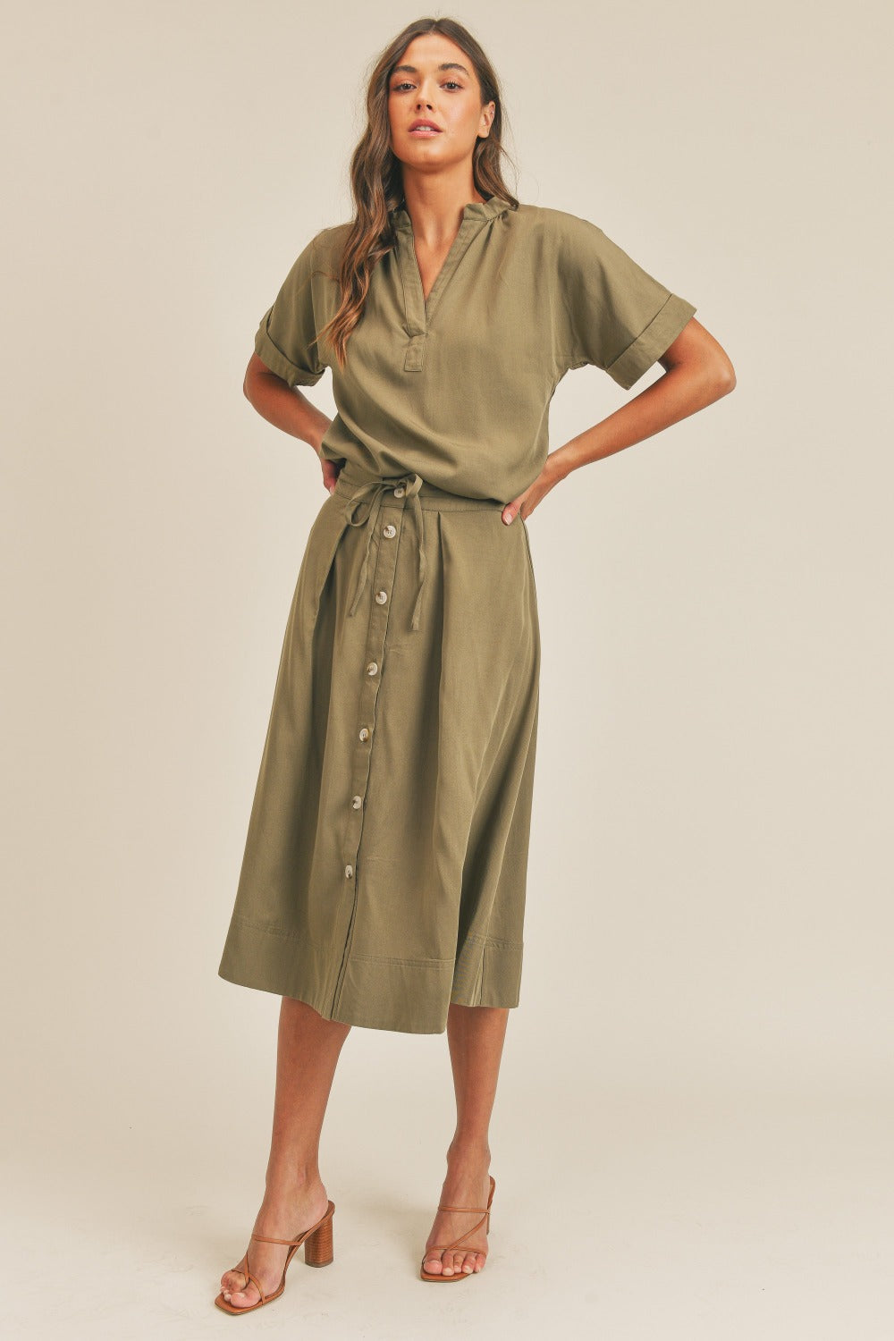 Adapt Short Sleeve Top and Button Down Midi Skirt Set