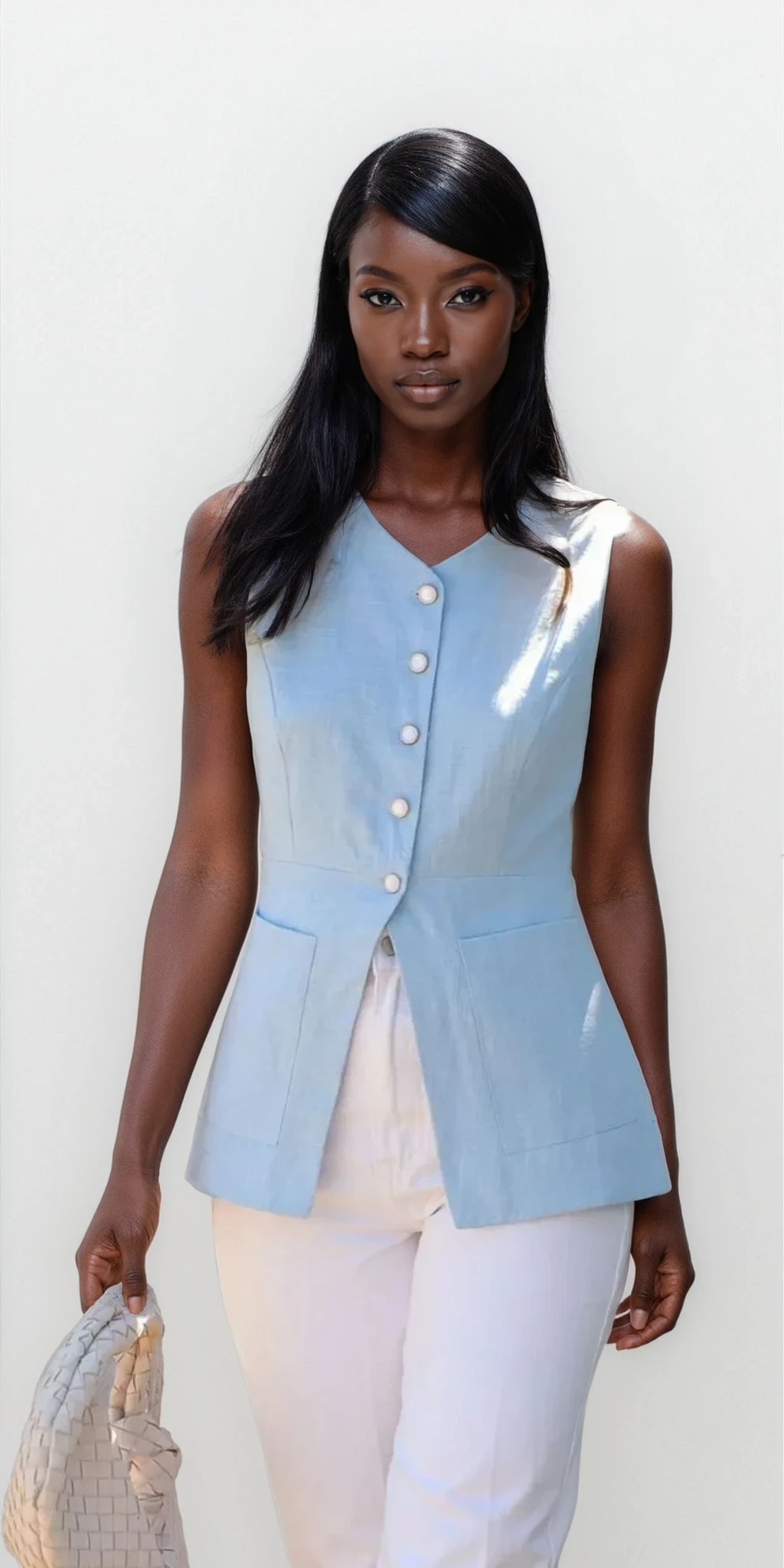Light blue Trace Button Down V-Neck Vest from Trendsi, casual clothing with button front and V-neck design.
