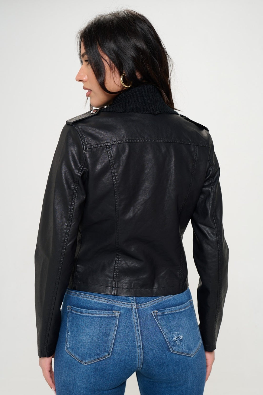 Faux Leather Knit Cropped Jacket