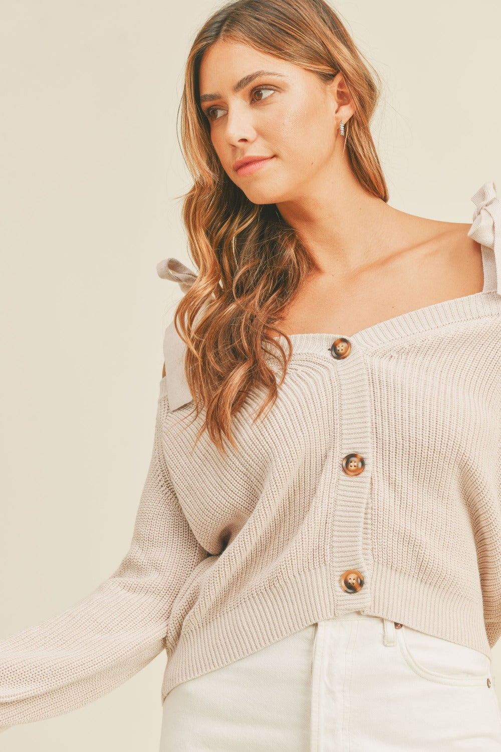 Bow Tie Off Shoulder Button Down Sweater