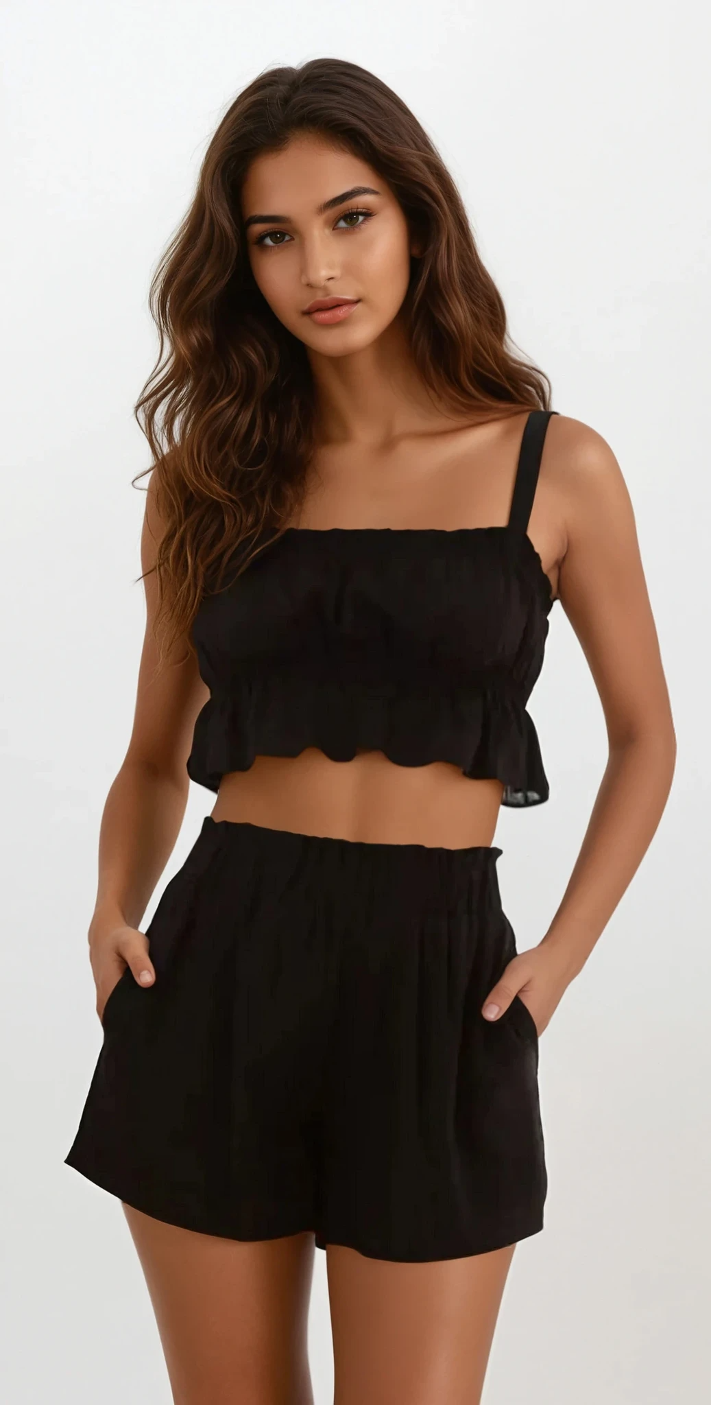 Light studio photo of Ines Ruffle Square Neck Cami and Short Set by Trendsi, featuring a stylish, light-colored ruffled top and matching shorts.