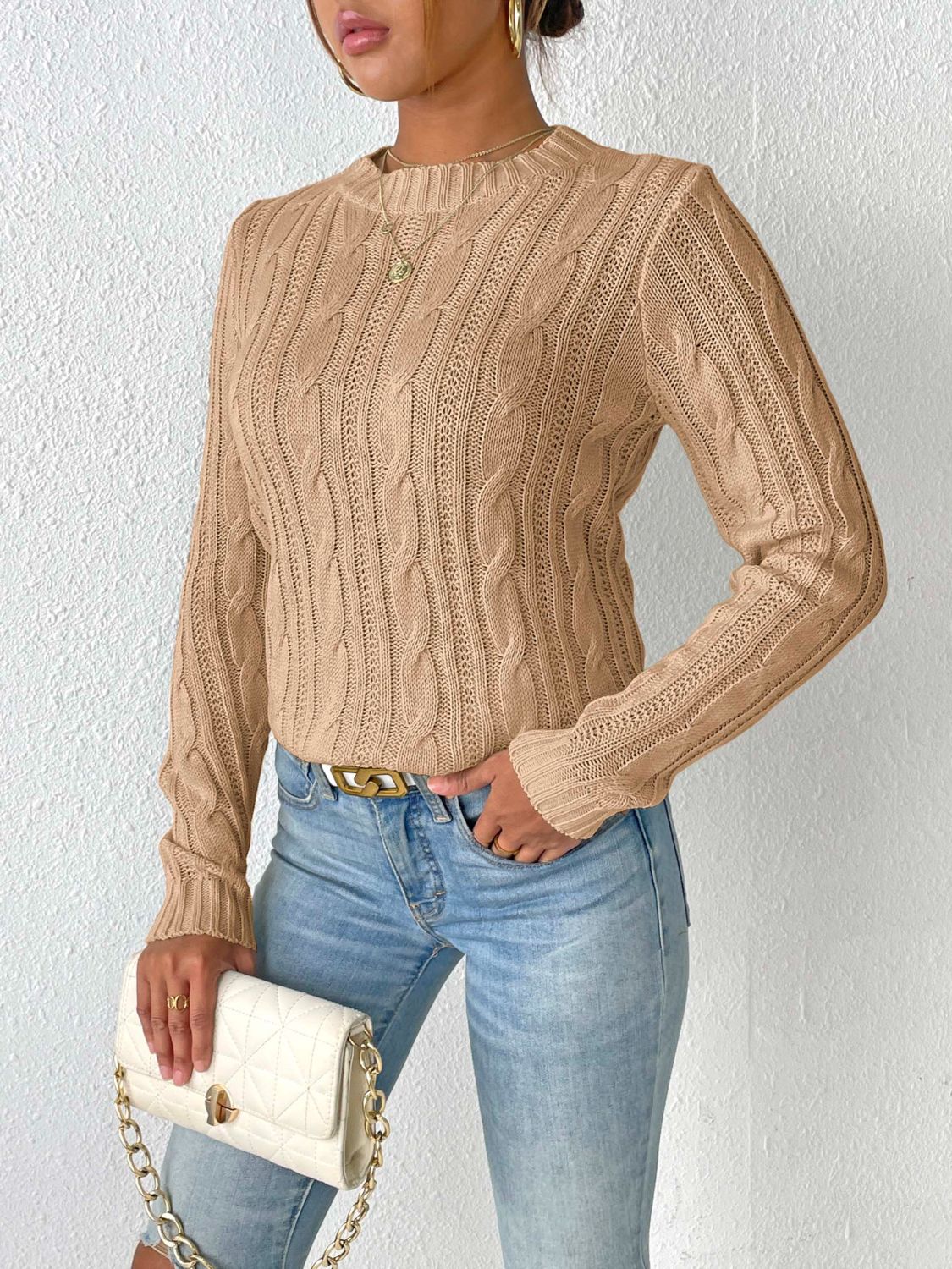 Clear Cable-Knit Crew Neck Sweater