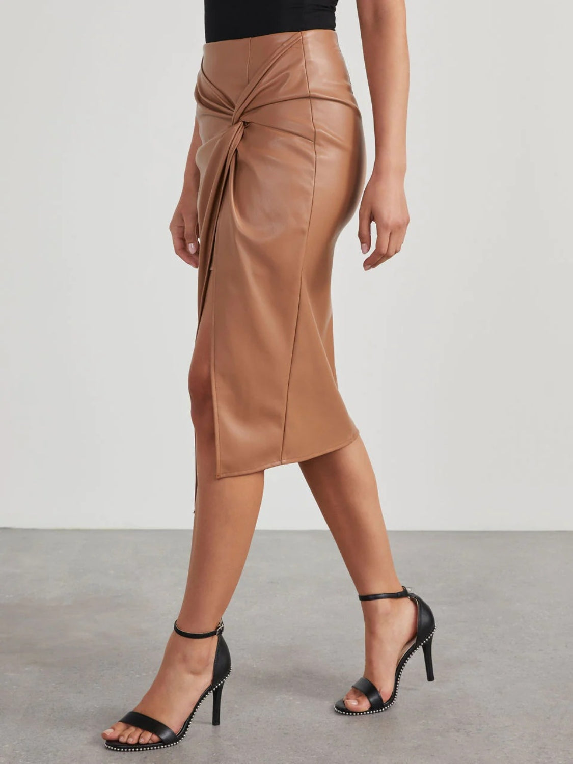 Faux Leather Twisted Slit High-Waist Skirt