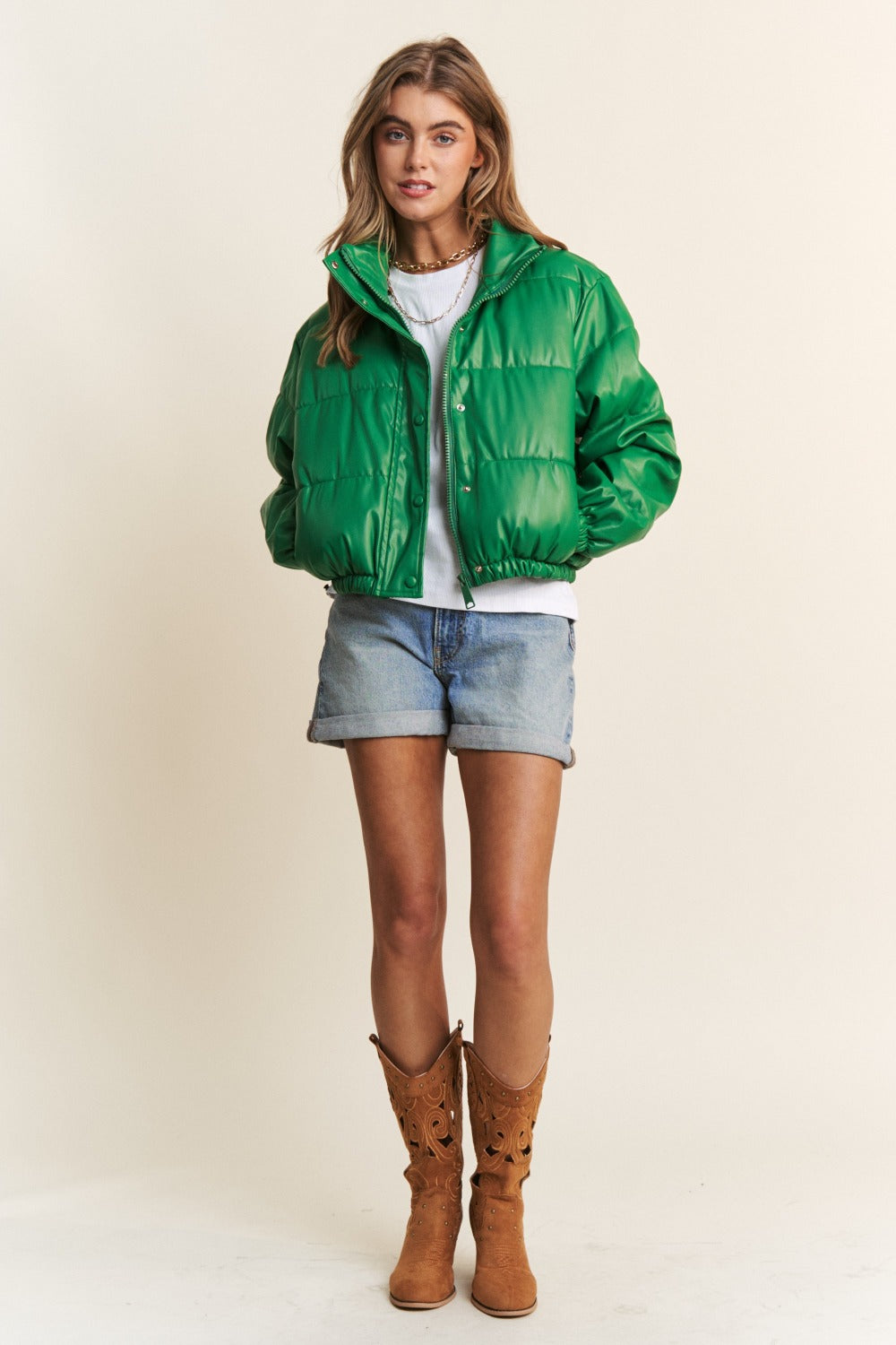 Emerald Faux Leather Turtleneck Cropped Puffer Jacket