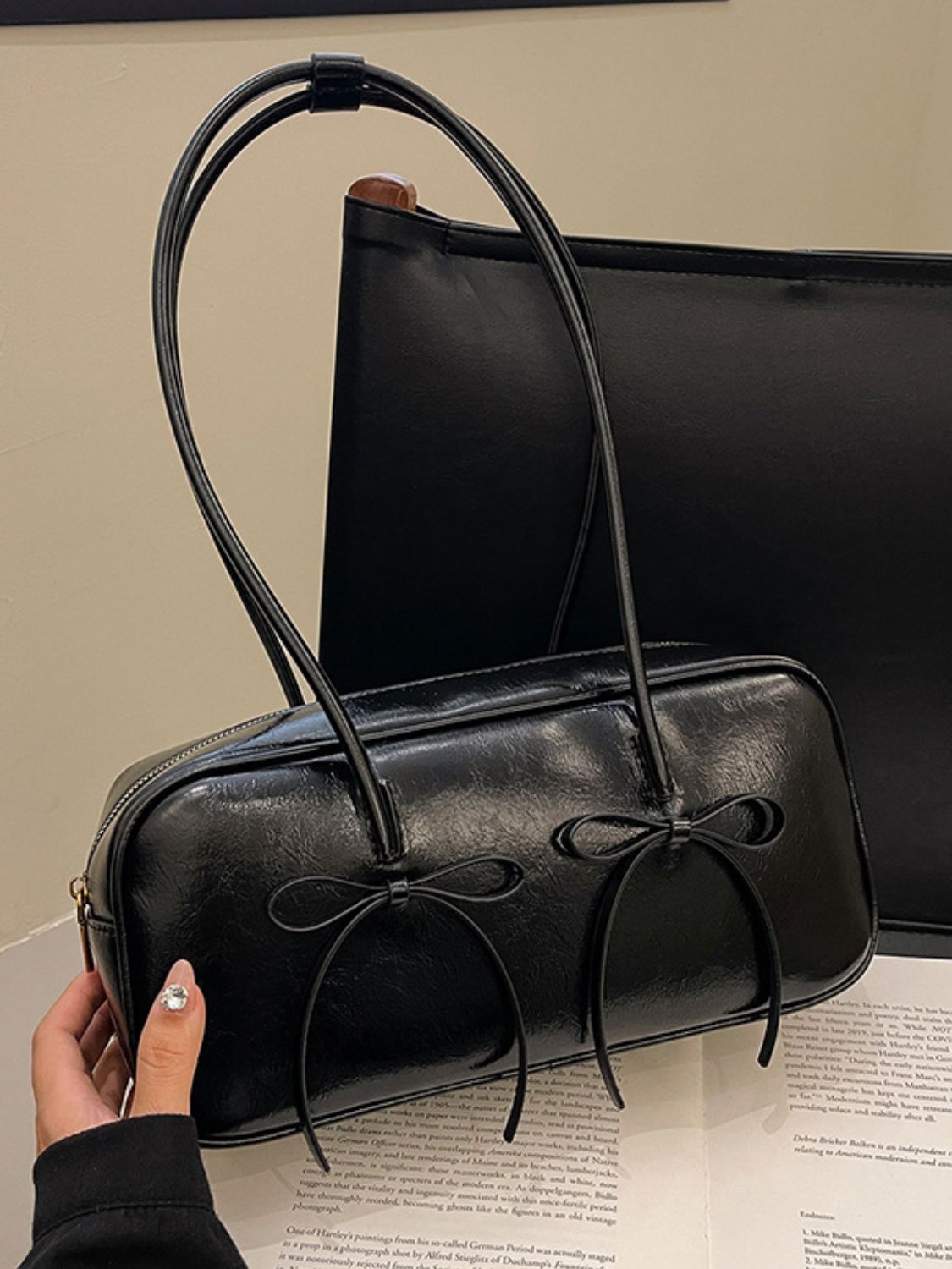 Leather Bow Trim Shoulder Bag