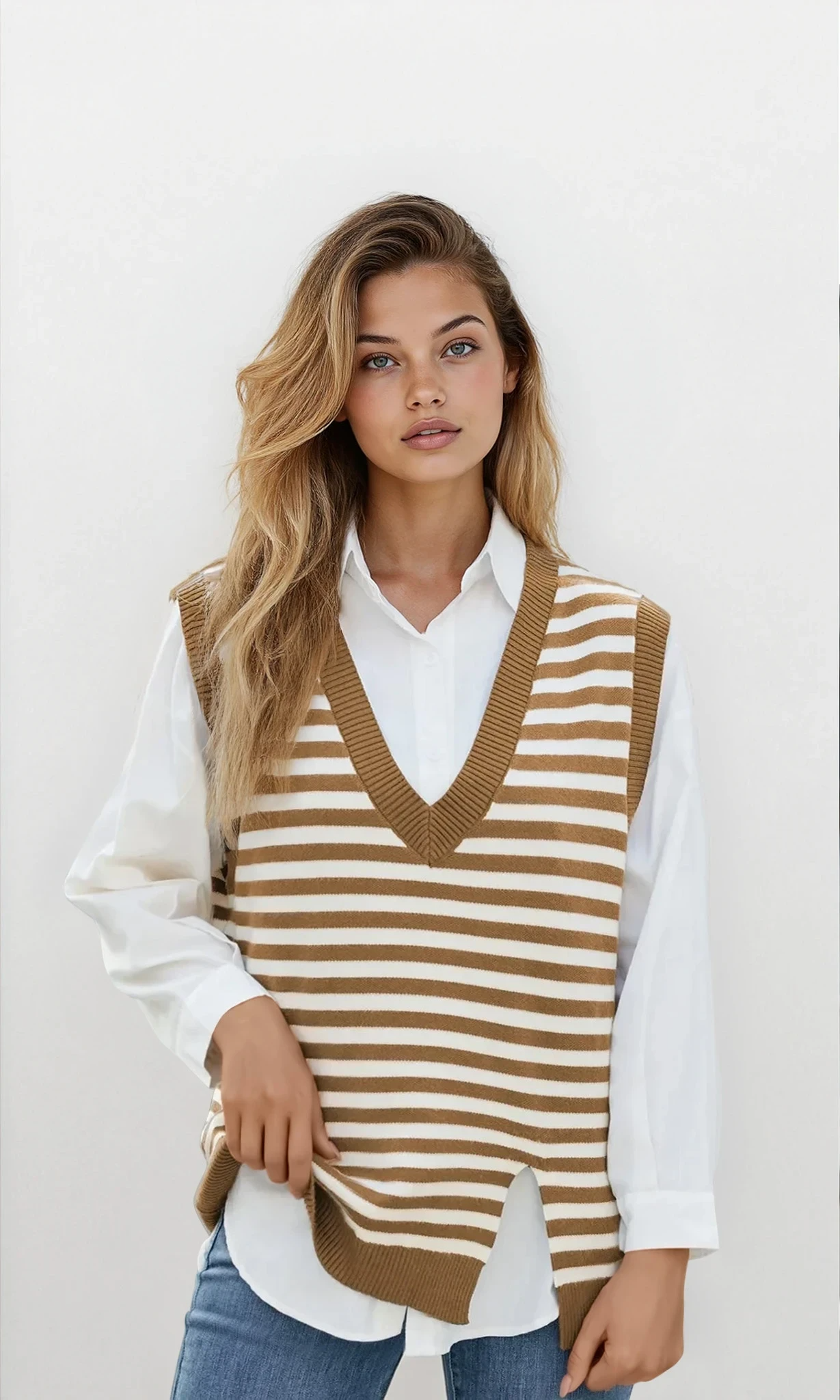 Noble Slit V-Neck Striped Sweater Vest