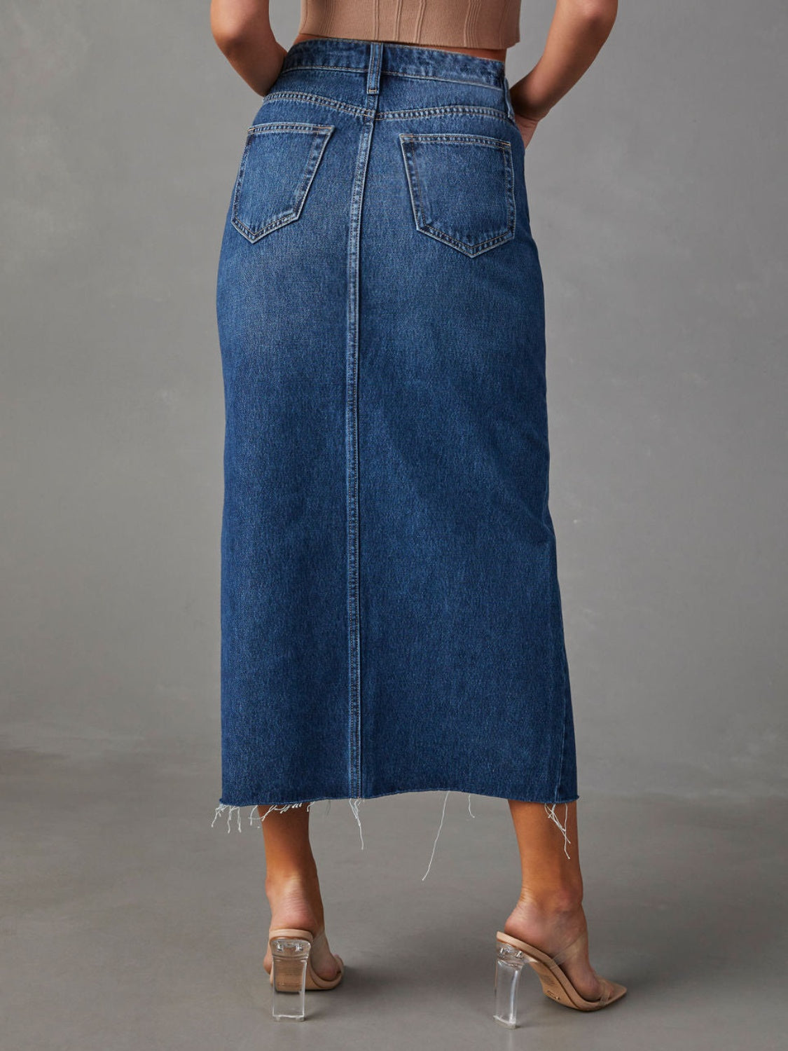 Slit Raw Hem Denim Midi Skirt