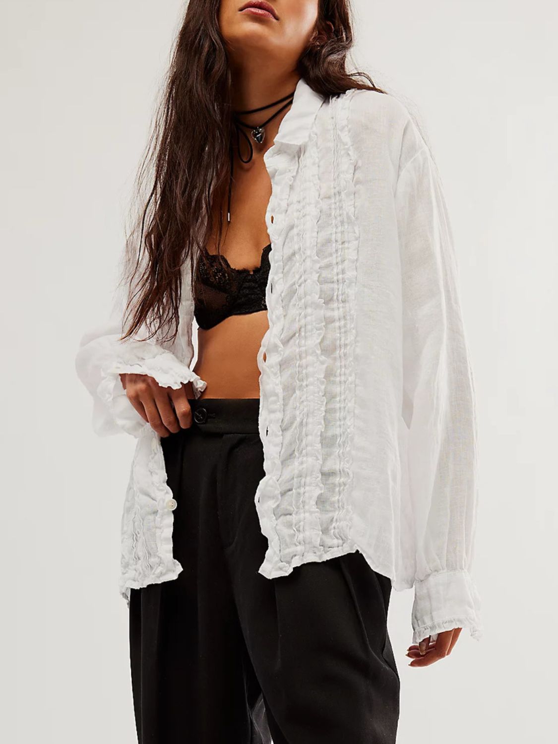 Frill Ruched Collared Neck Long Sleeve