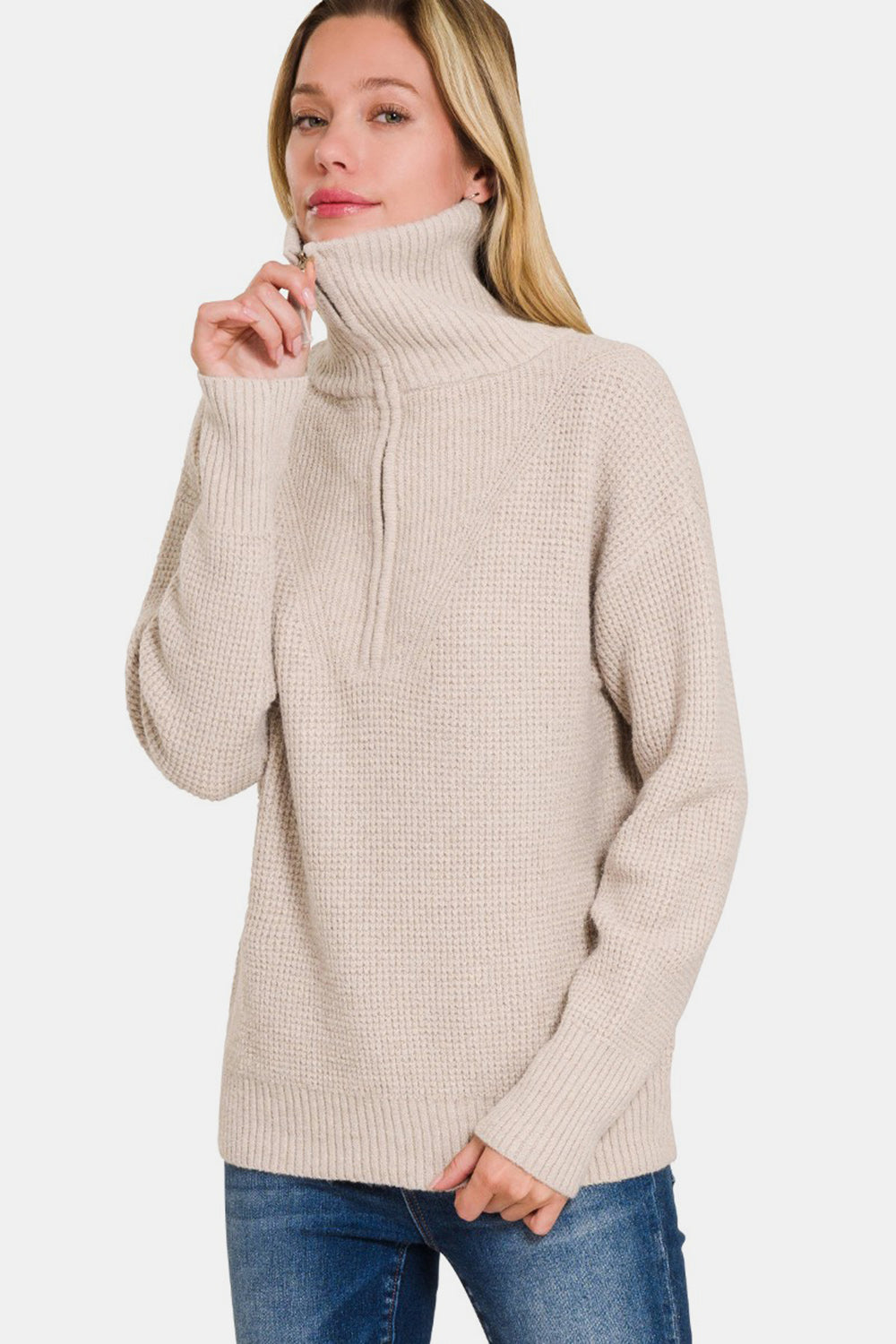 Real Rib-Knit Half Zip Sweater