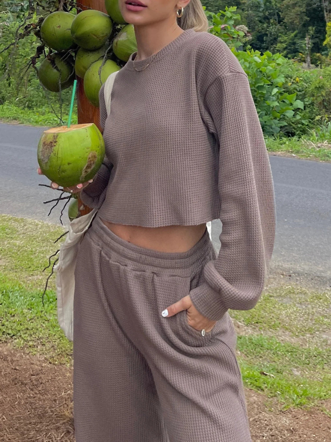 Waffle-Knit Crew Neck Top and Pant Set