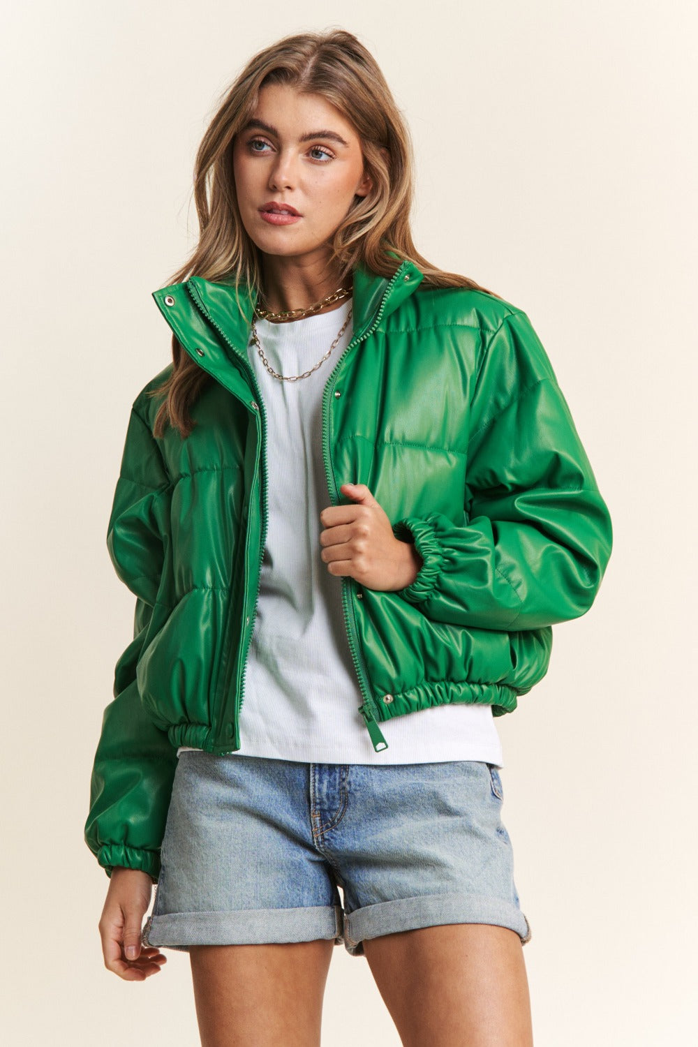 Emerald Faux Leather Turtleneck Cropped Puffer Jacket