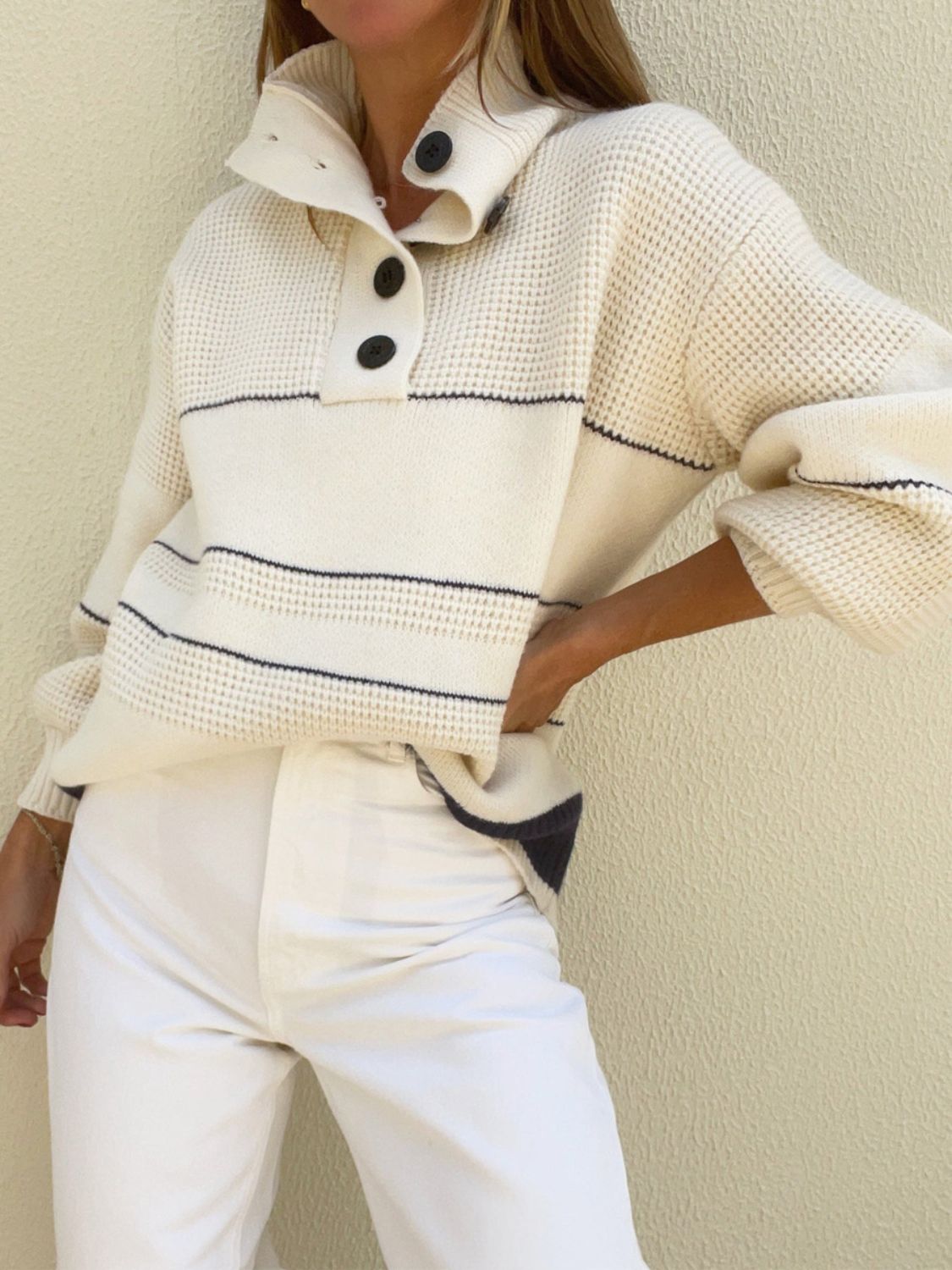 Waffle-Knit Half Button Sweater