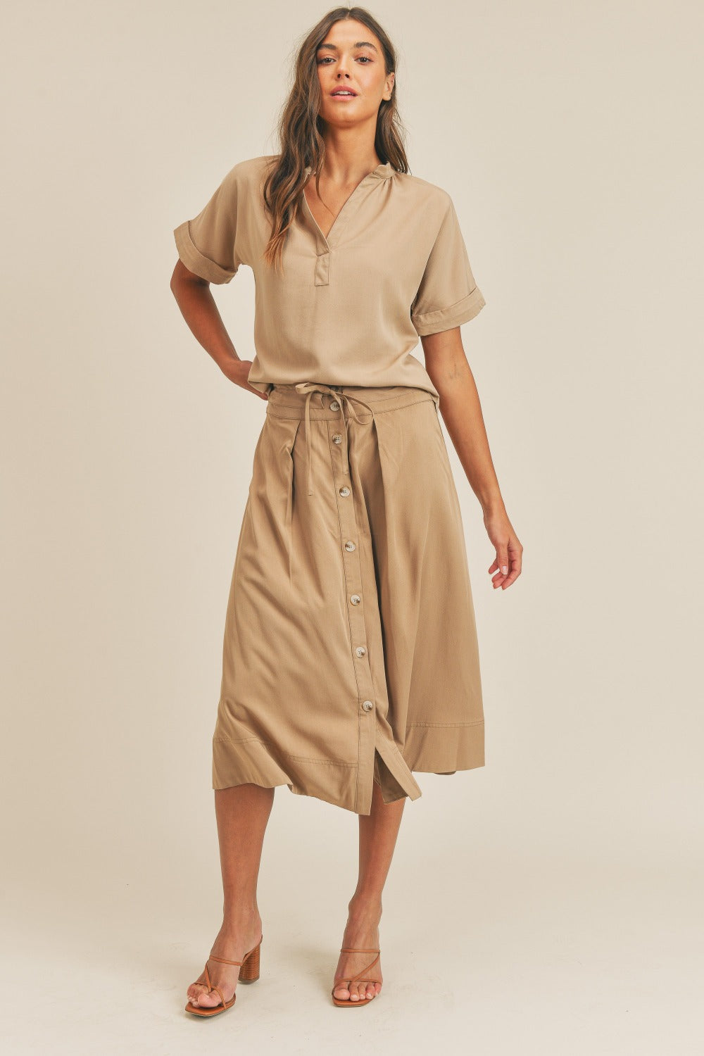 Adapt Short Sleeve Top and Button Down Midi Skirt Set