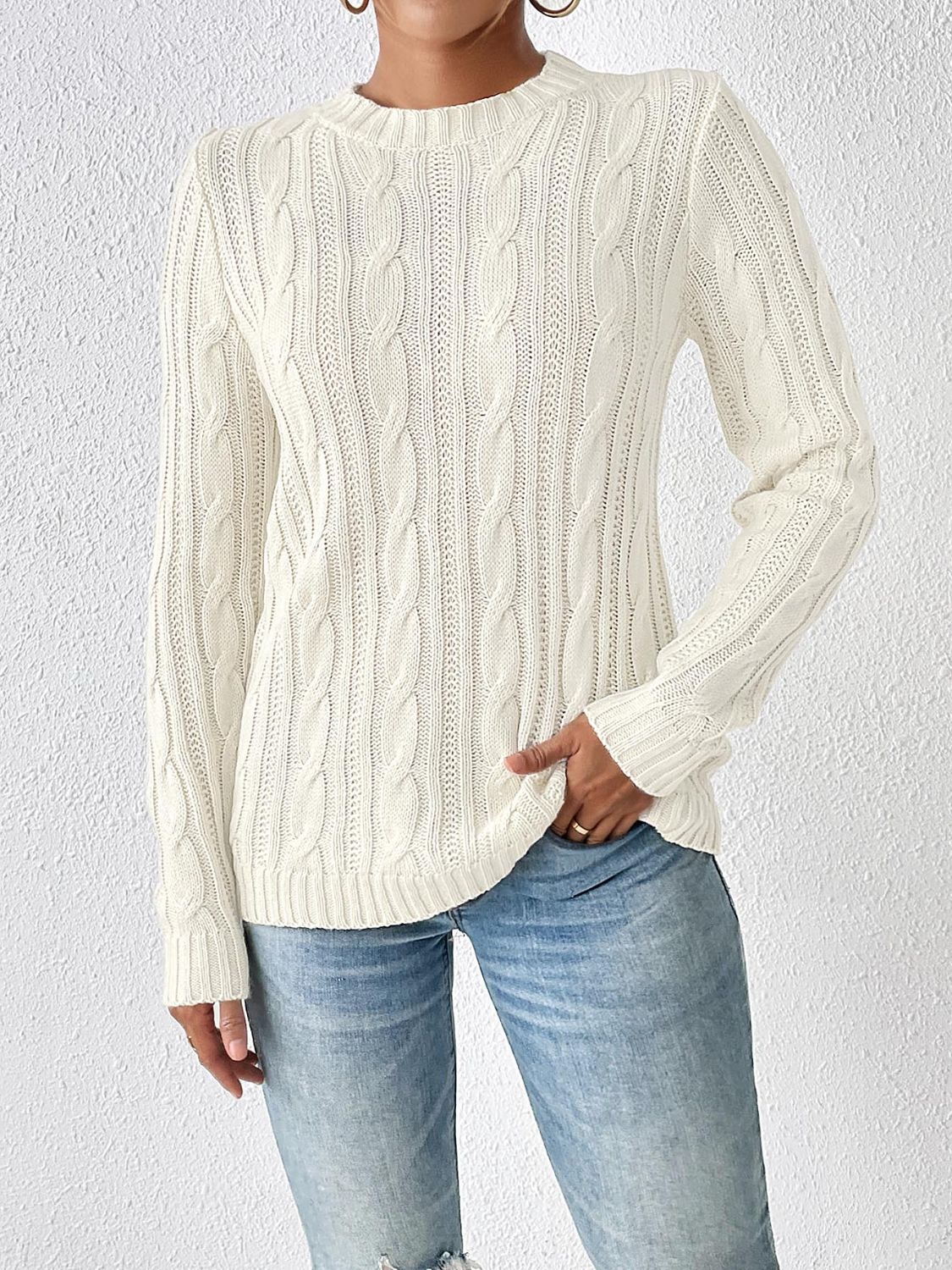 Clear Cable-Knit Crew Neck Sweater