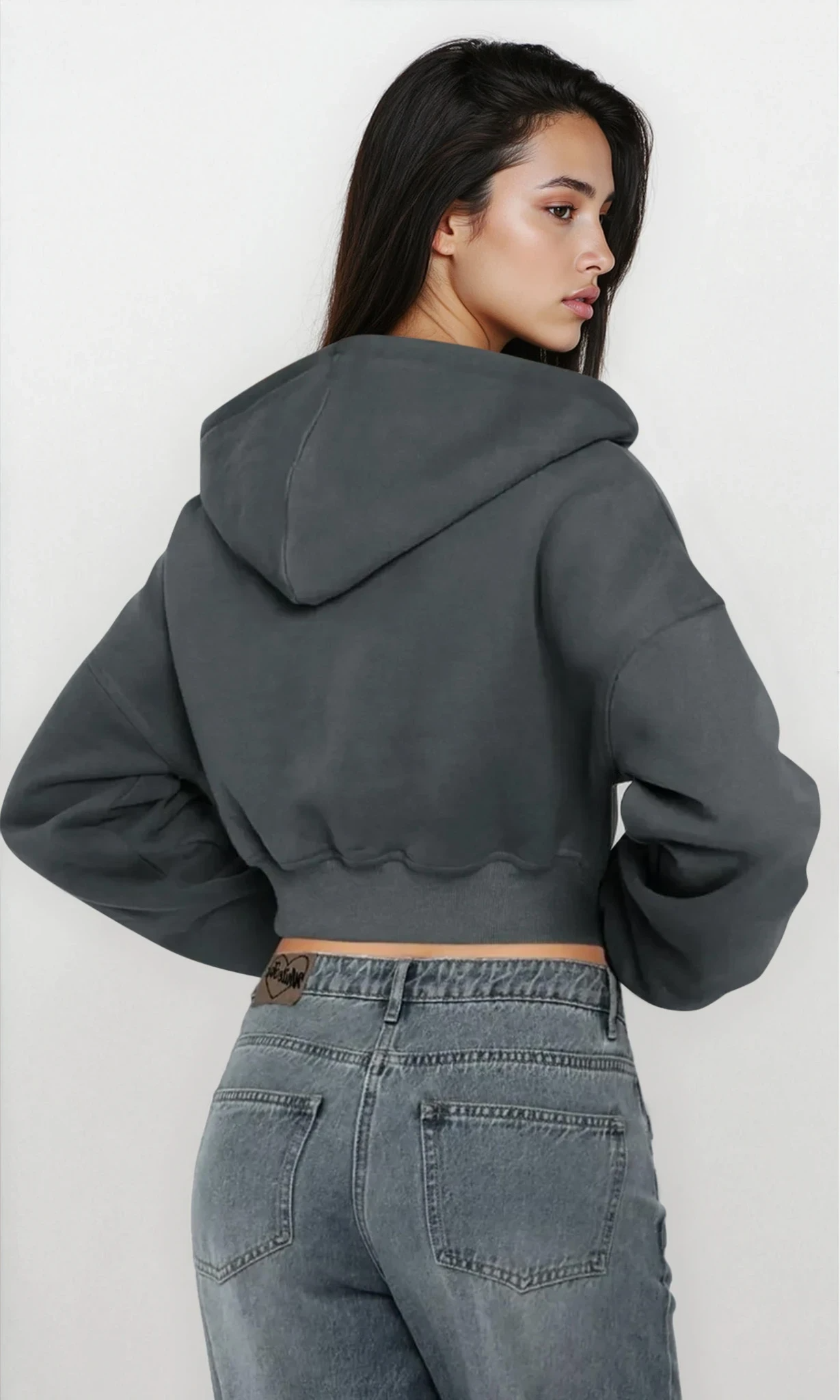 Light gray Downtown Full Zip Cropped Hoodie by Trendsi, featuring a front zipper, hood, and cropped style, casual clothing for women.