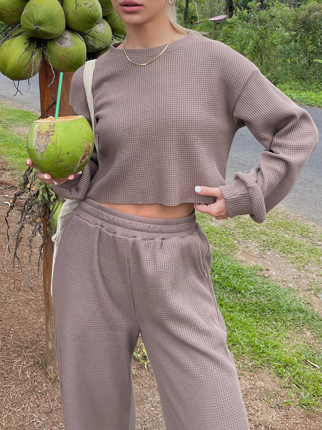 Waffle-Knit Crew Neck Top and Pant Set