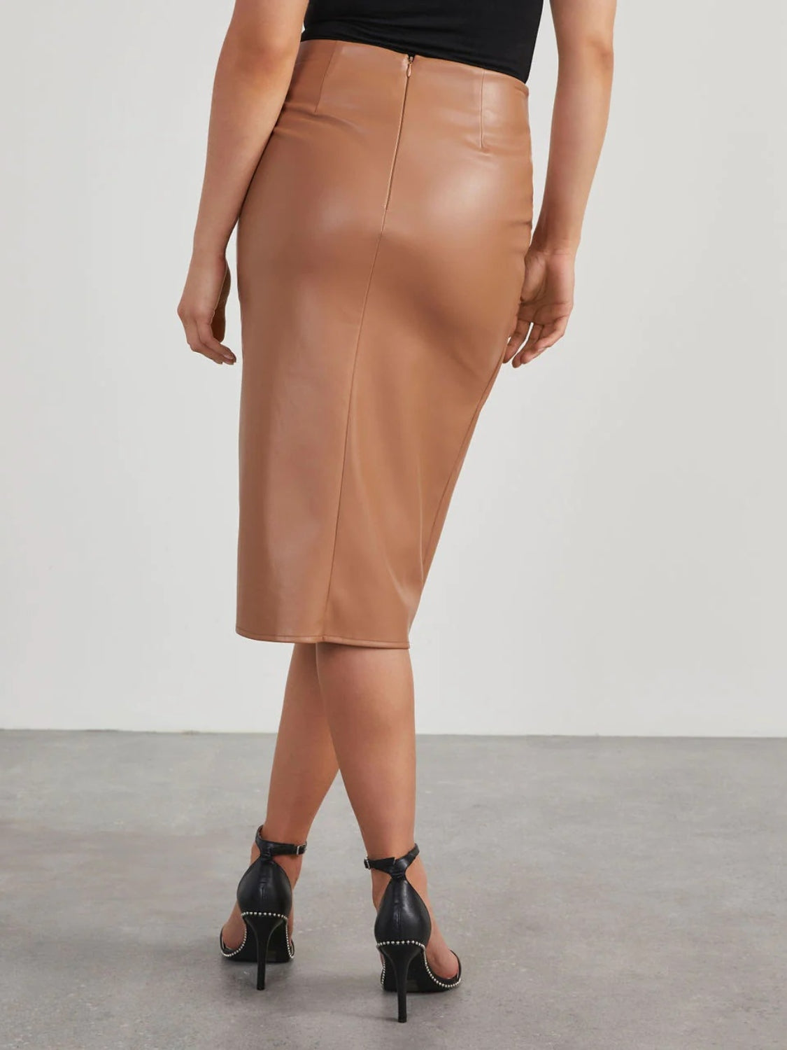 Faux Leather Twisted Slit High-Waist Skirt