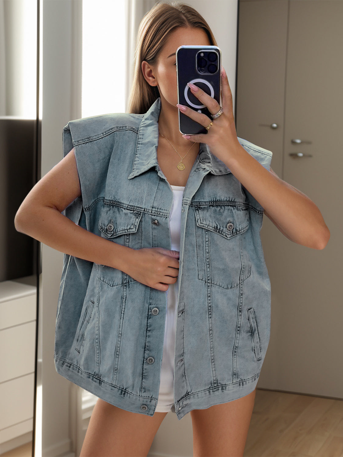 Oversized Collared Cap Sleeve Denim Vest