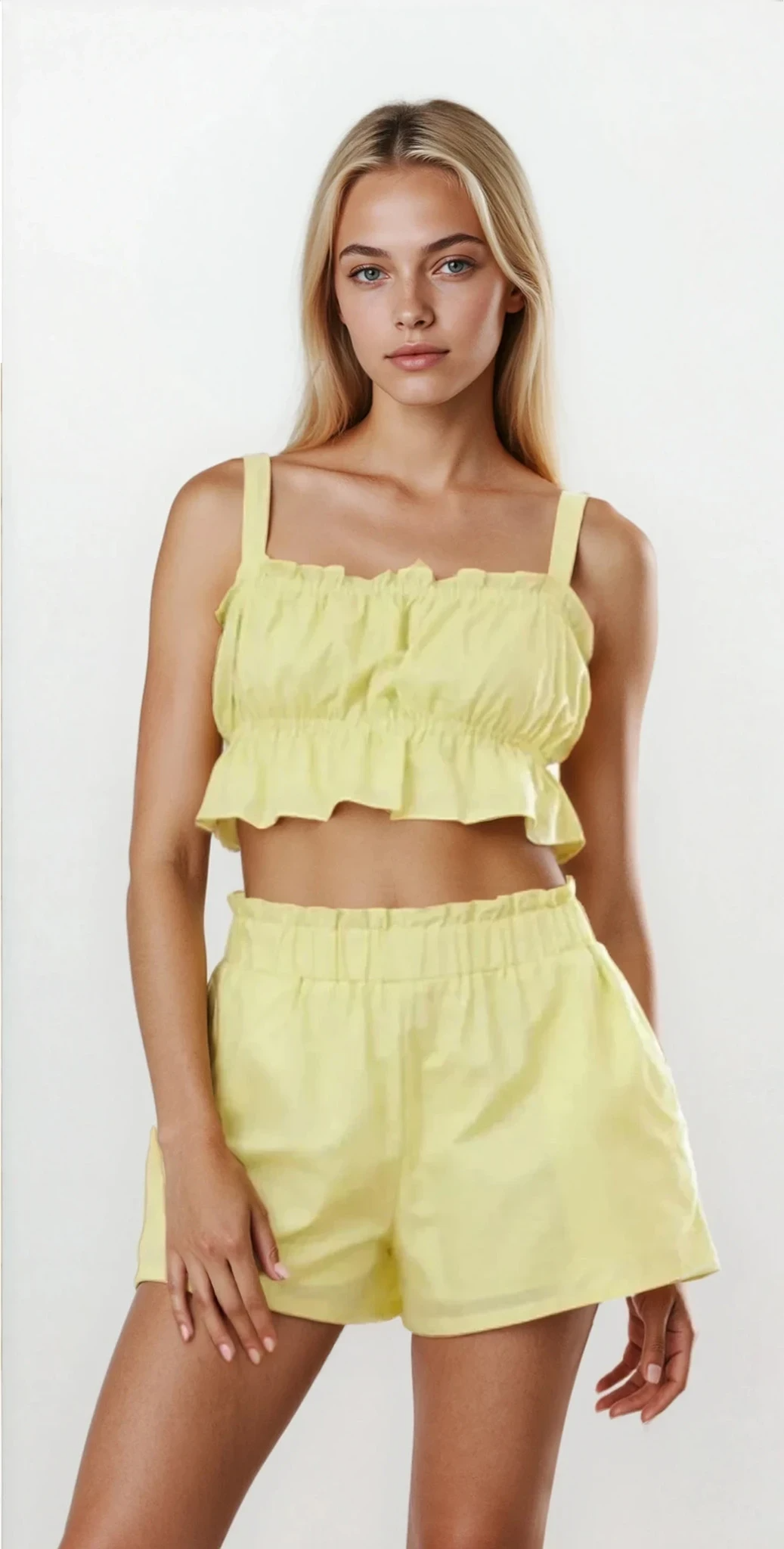 Ines Ruffle Square Neck Cami and Shorts set by Trendsi, featuring ruffled detailing, square neckline, and light fabric.