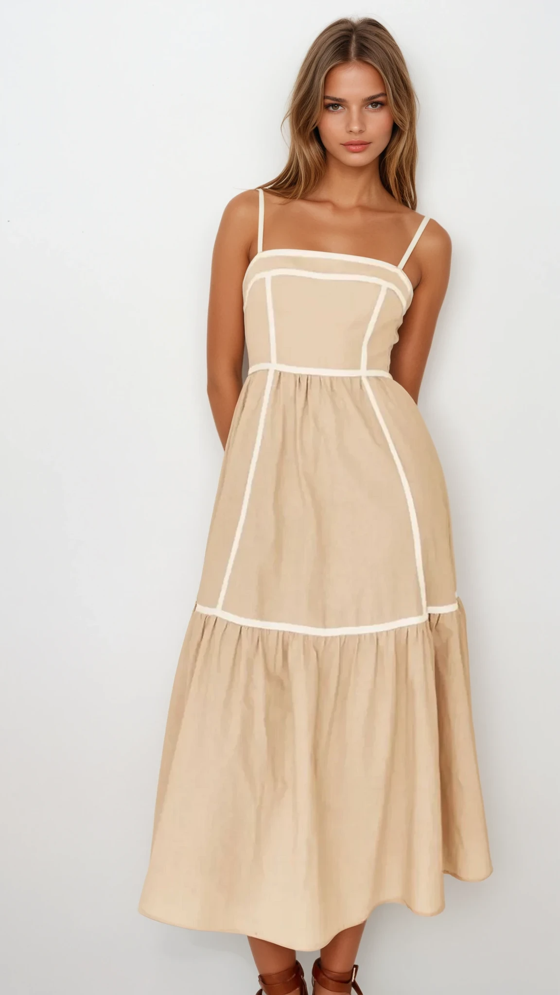 Light blue square neck ruched cami midi dress by Trendsi, featuring a fitted bodice and elegant midi length.