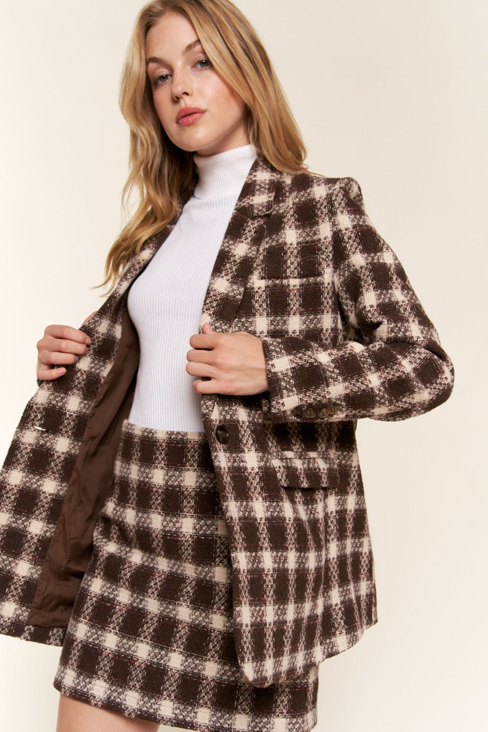 Espresso Brushed Plaid One-Button Blazer