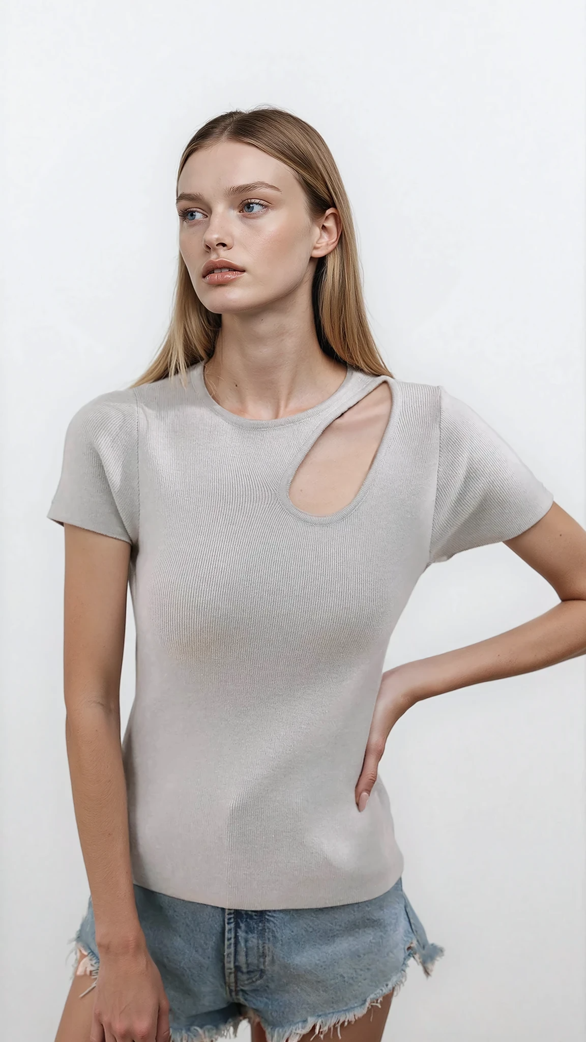 Light blue Luxe Cutout Round Neck Short Sleeve Knit Top by Trendsi, featuring a stylish cutout detail and a classic round neckline.