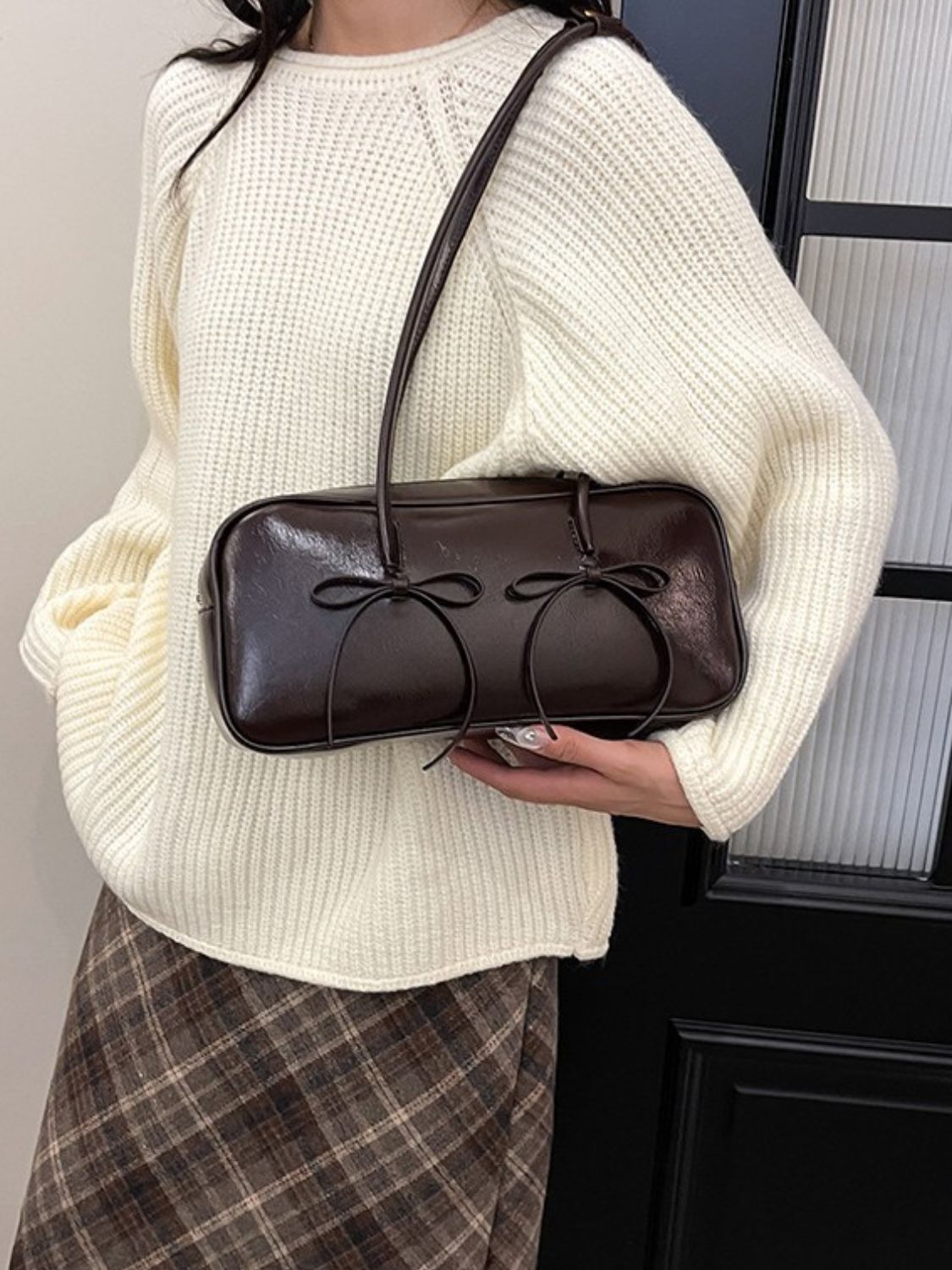 Leather Bow Trim Shoulder Bag