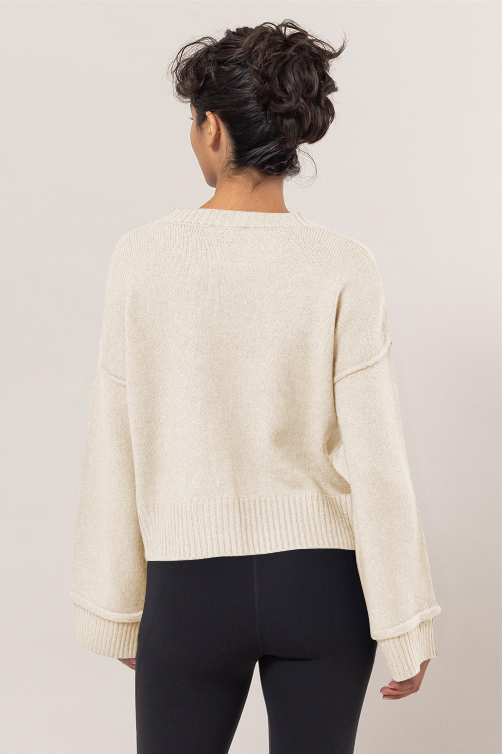 Exposed Rib Knit Crew Neck Sweater