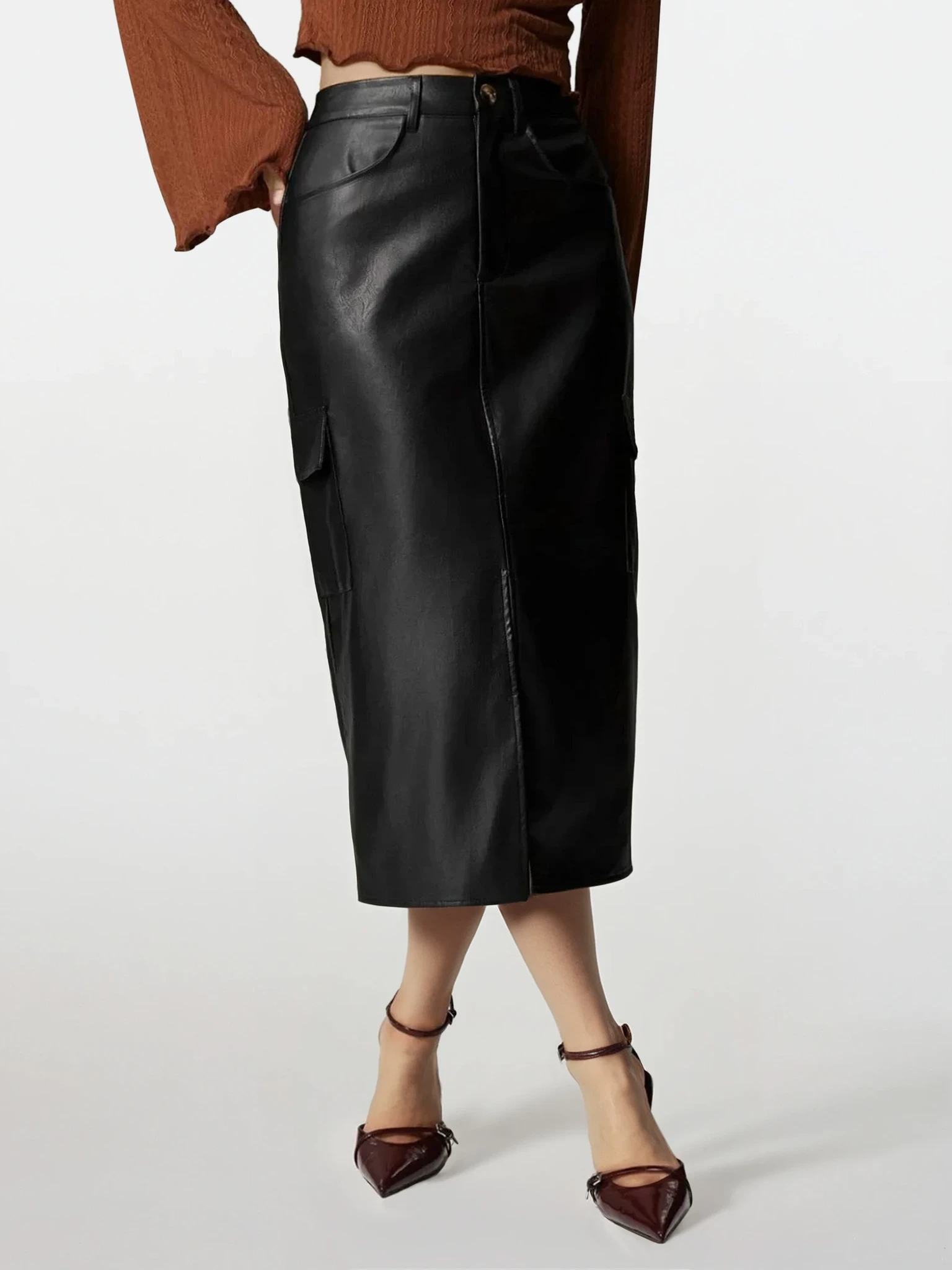 Faux Leather High-Waist Cargo Slit Midi Skirt