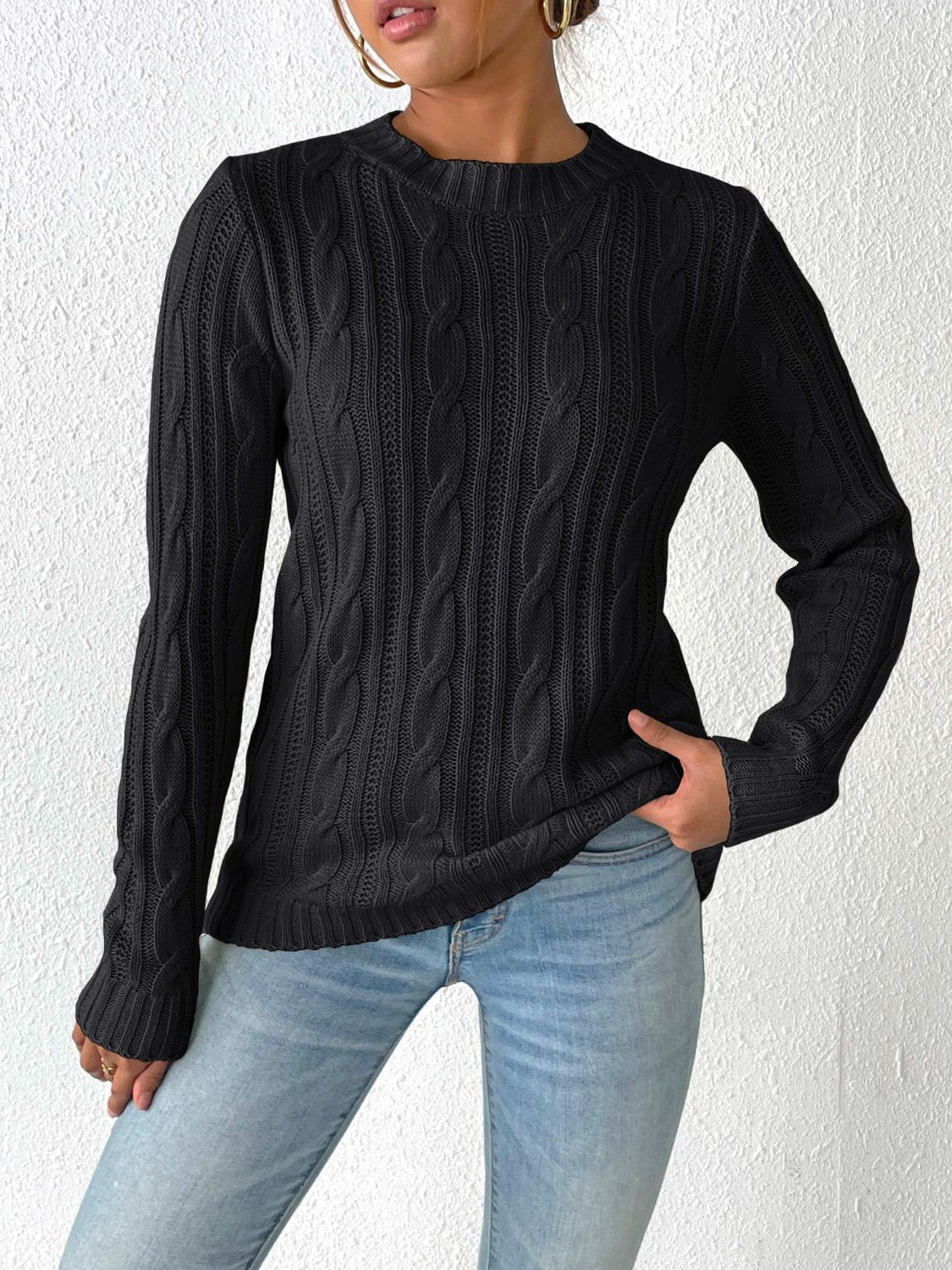 Clear Cable-Knit Crew Neck Sweater