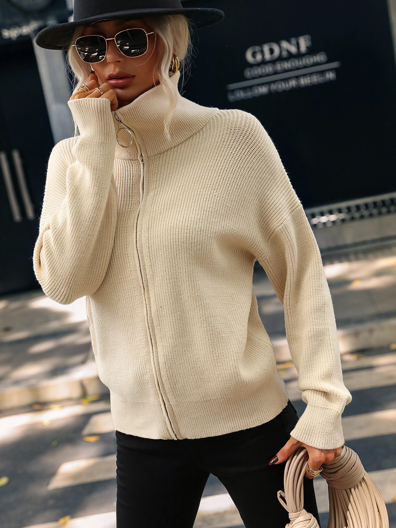 Graceful Collared Rib-Knit Full Zip Cardigan