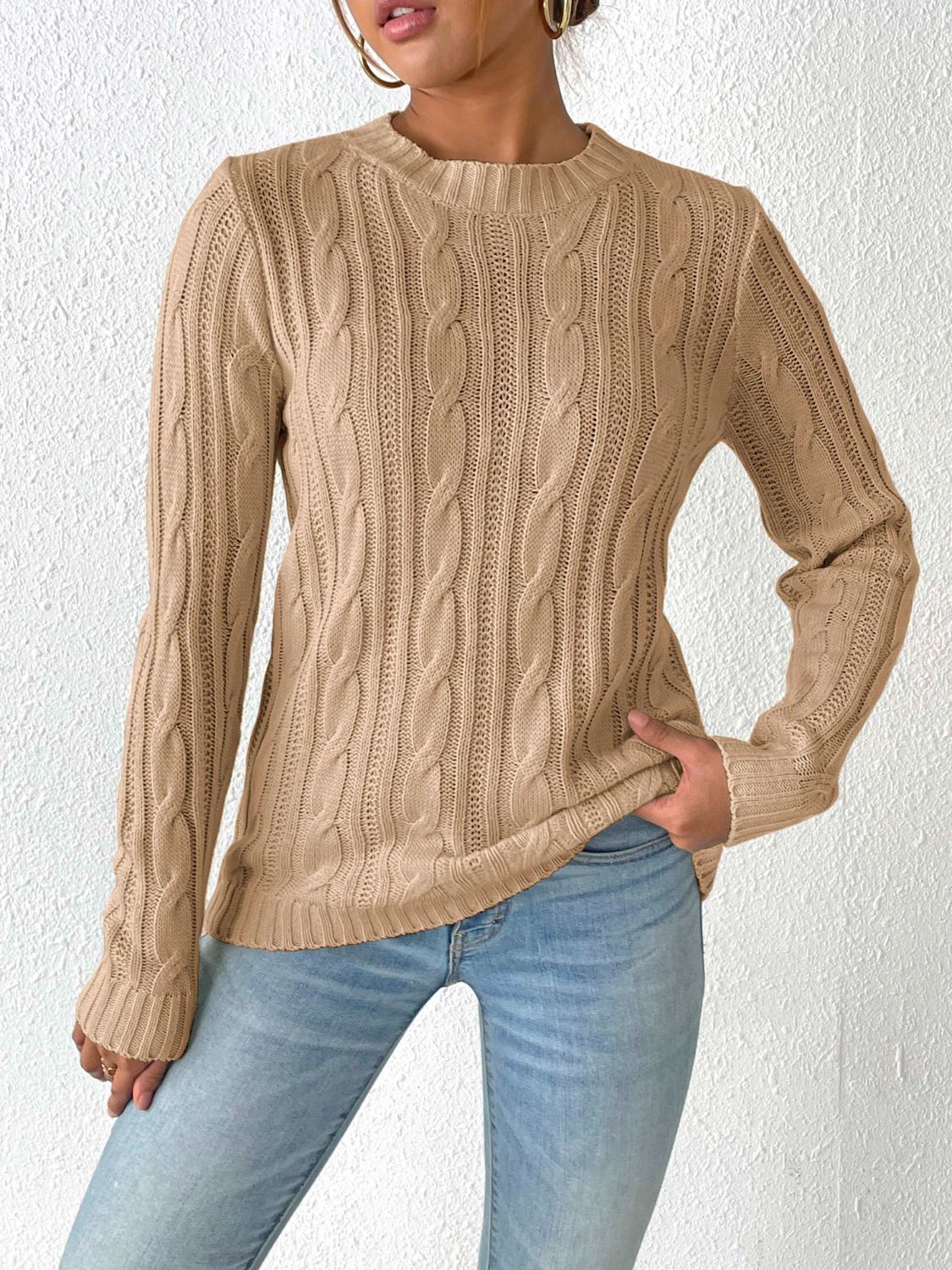 Clear Cable-Knit Crew Neck Sweater