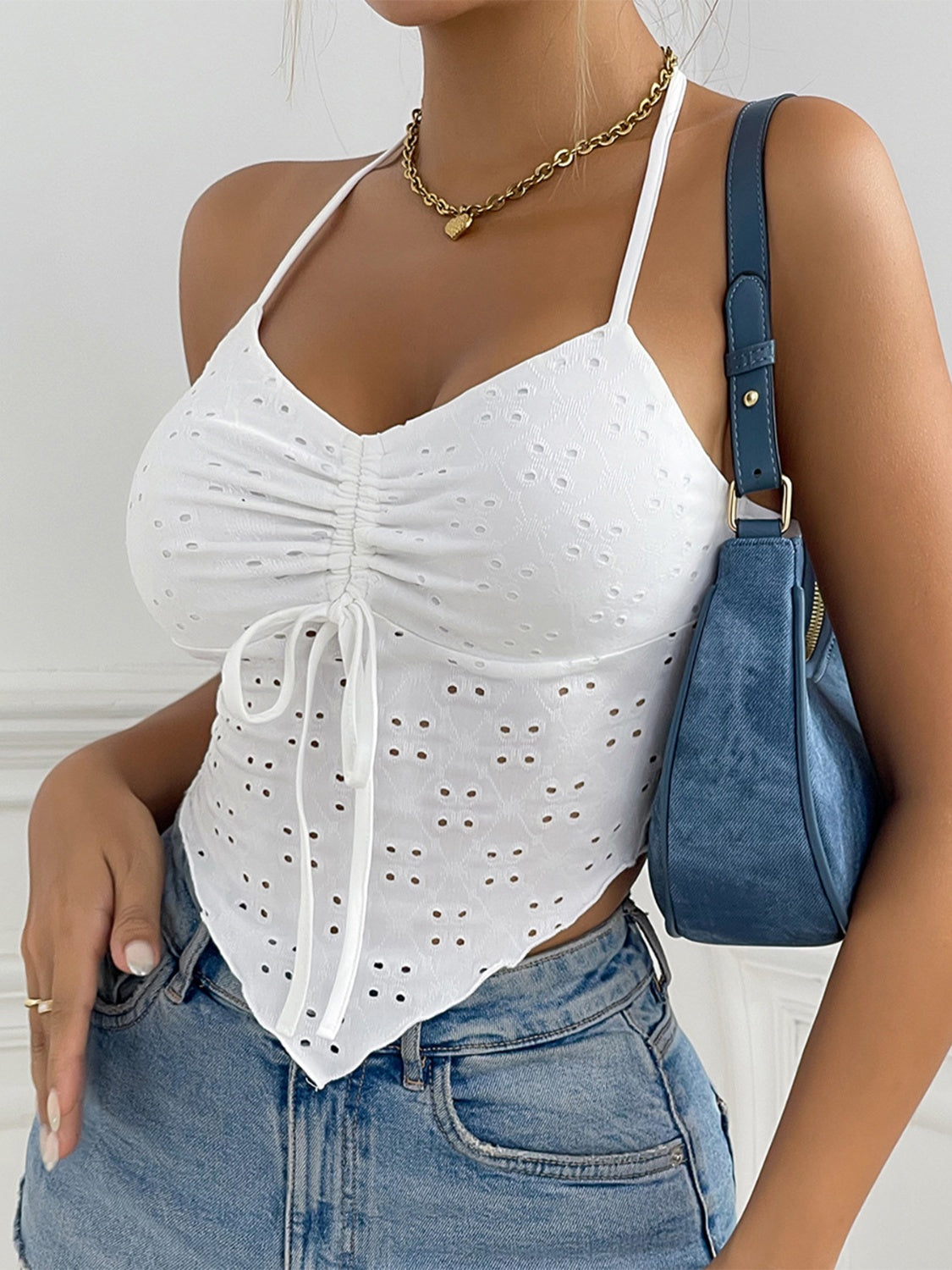 Ruched Eyelet Halter Neck Cami