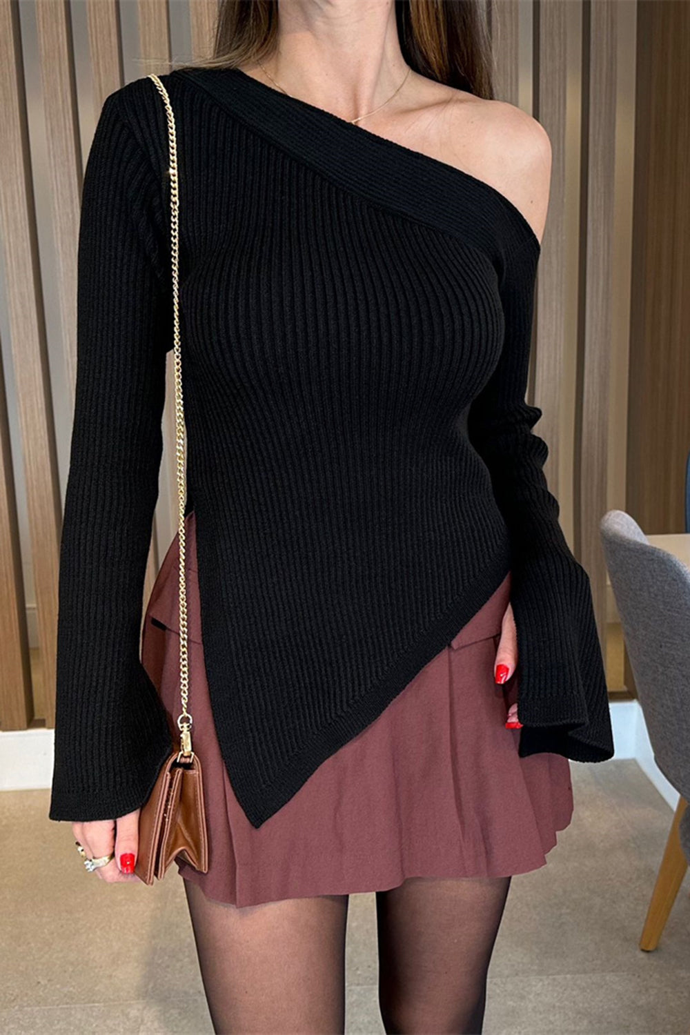 Asymmetrical Hem Single Shoulder Sweater