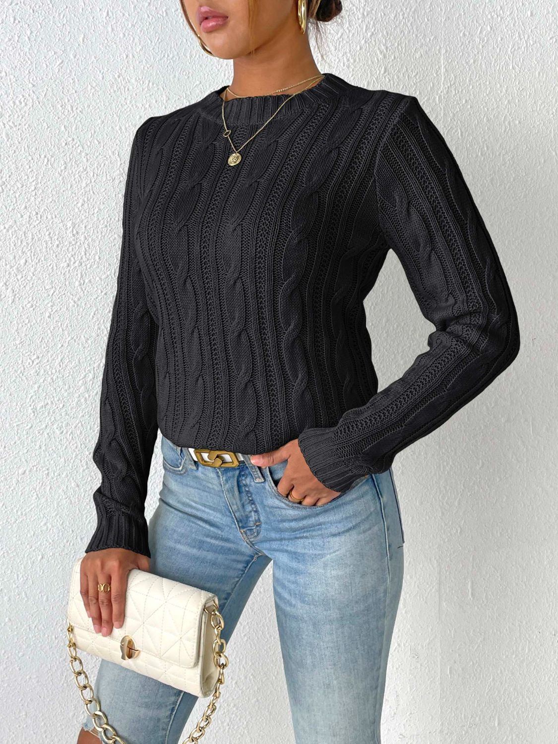 Clear Cable-Knit Crew Neck Sweater