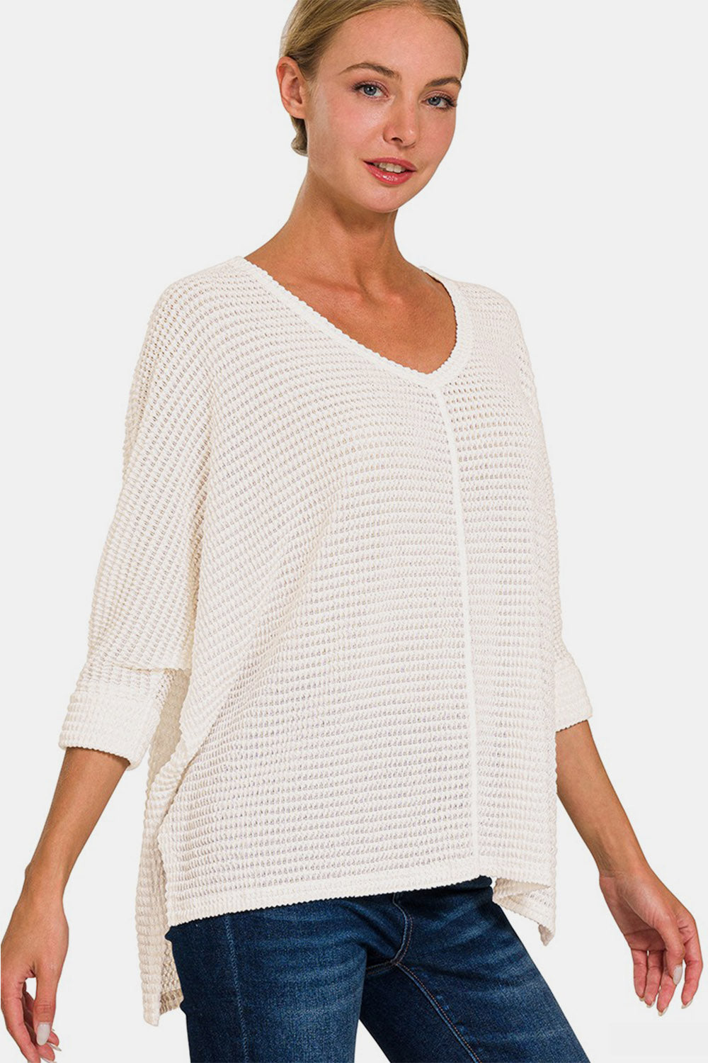 Cozy V-Neck Waffle-Knit Long Sleeve Top