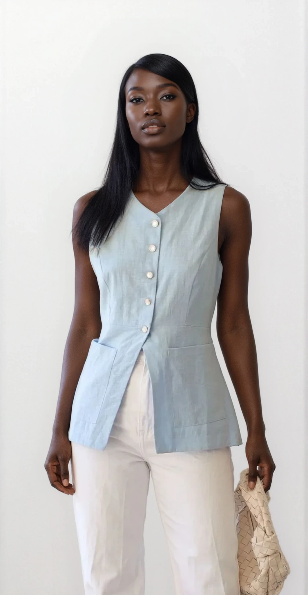 Light gray Trace Button Down V-Neck Vest by Trendsi, featuring a tailored fit and button details, worn over a top.