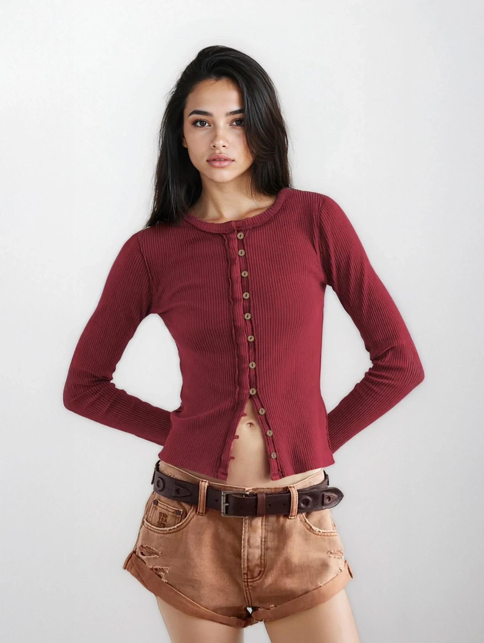 Light blue retro rib-knit long sleeve button-down shirt from Trendsi, featuring a round neck and classic fit.