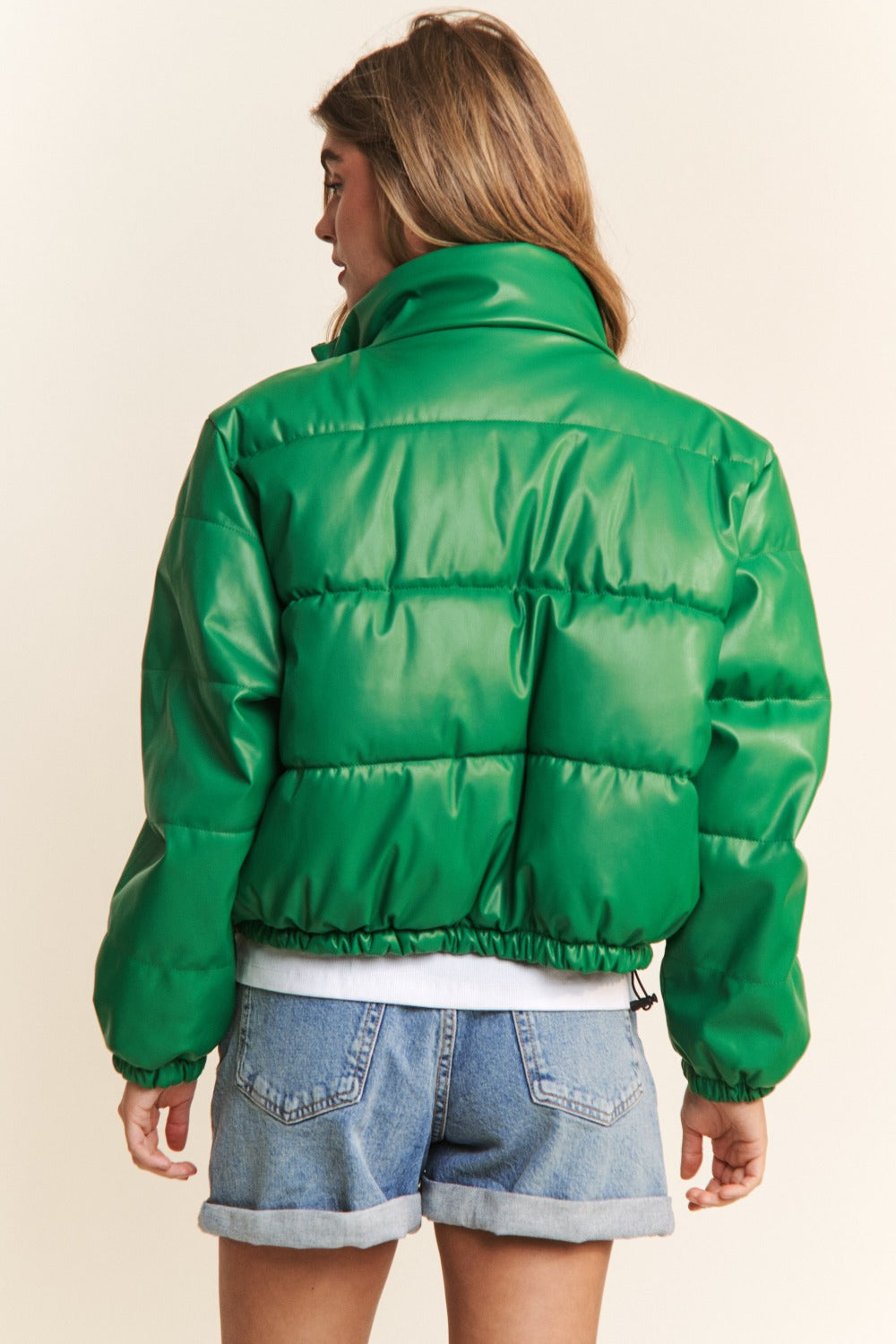 Emerald Faux Leather Turtleneck Cropped Puffer Jacket