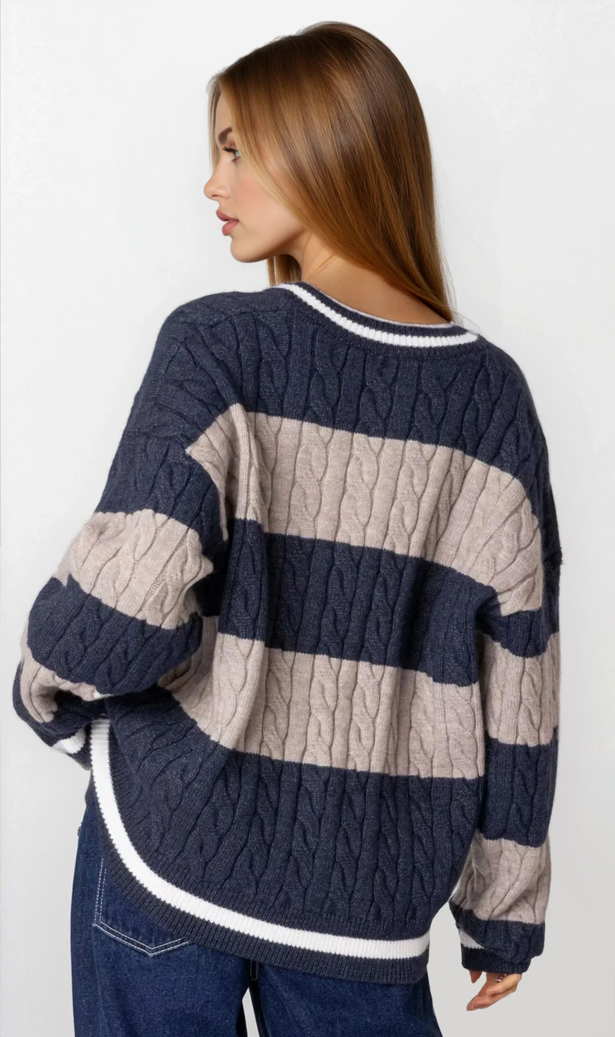 Oversized Striped Cable Knit V-Neck Sweater