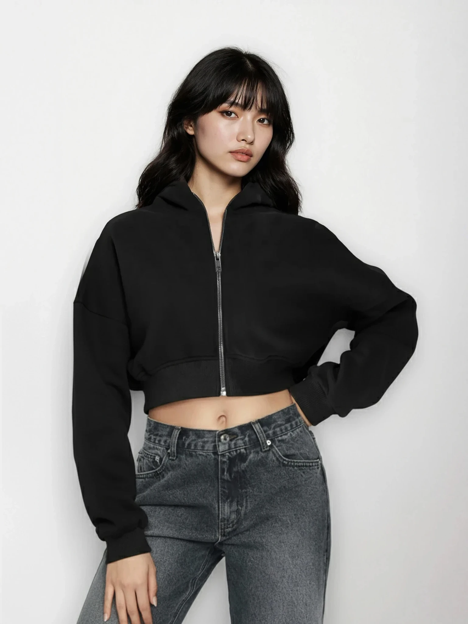 Light grey Downtown Full Zip Cropped Hoodie by Trendsi, featuring a front zipper, cropped fit, and casual style.