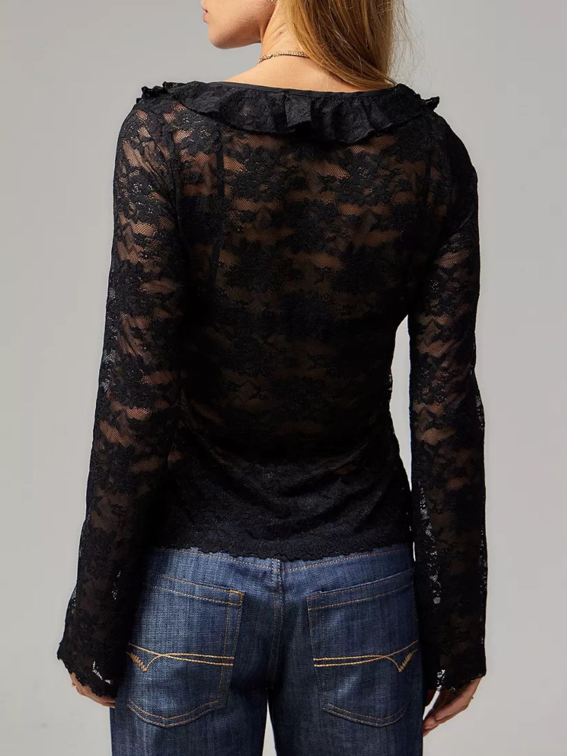 Lace Trim Tied V-Neck Long Sleeve